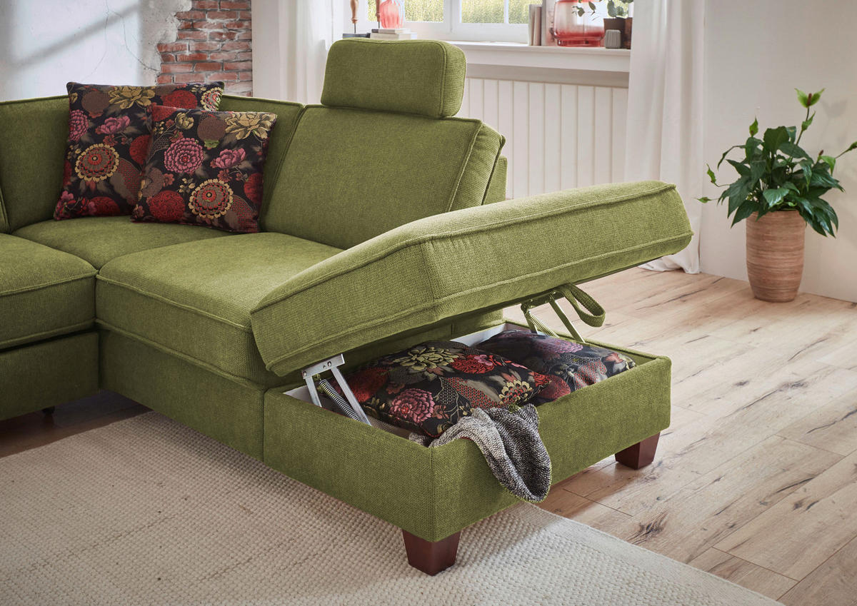 ECKSOFA in Chenille, Flachgewebe Dunkelgrün  - Dunkelgrün/Nussbaumfarben, Konventionell, Holz/Textil (236/213cm) - Sit & More