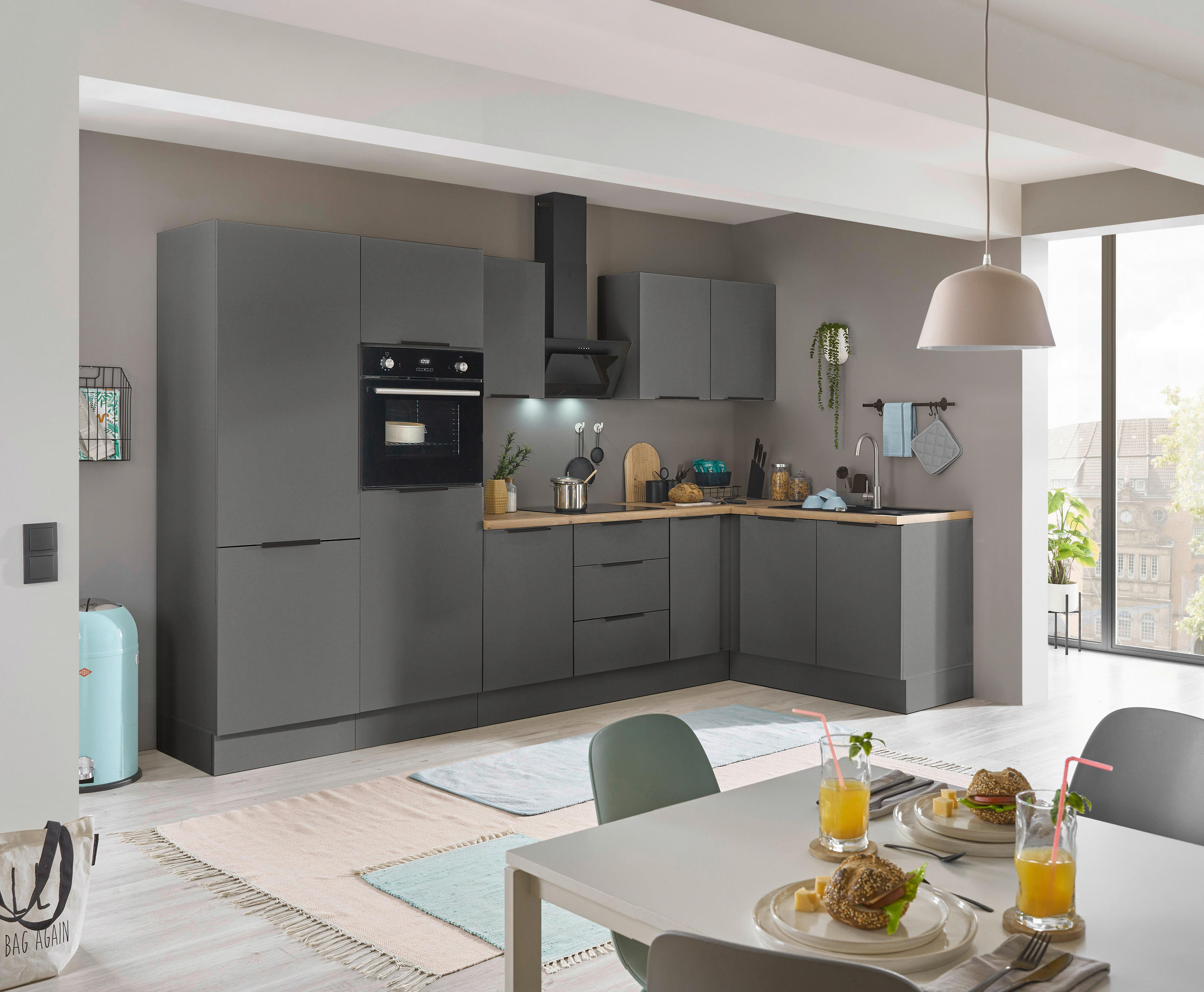 ECKKÜCHE 330/165 cm  in Graphitfarben  - Schwarz/Graphitfarben, Basics, Holzwerkstoff/Metall (330/165cm) - Xora