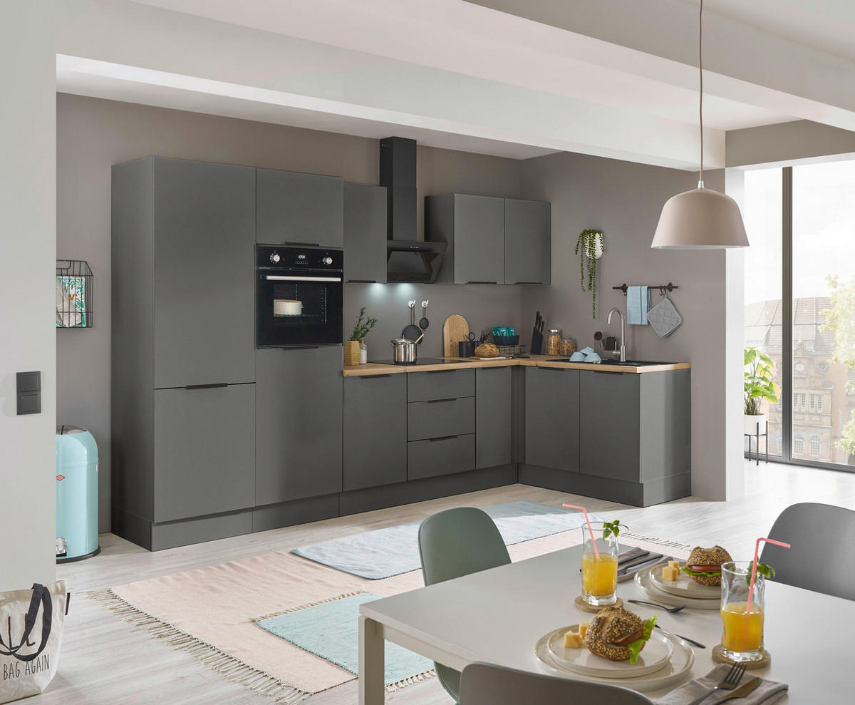 ECKKÜCHE 330/165 cm  in Graphitfarben  - Schwarz/Graphitfarben, Basics, Holzwerkstoff/Metall (330/165cm) - Carryhome