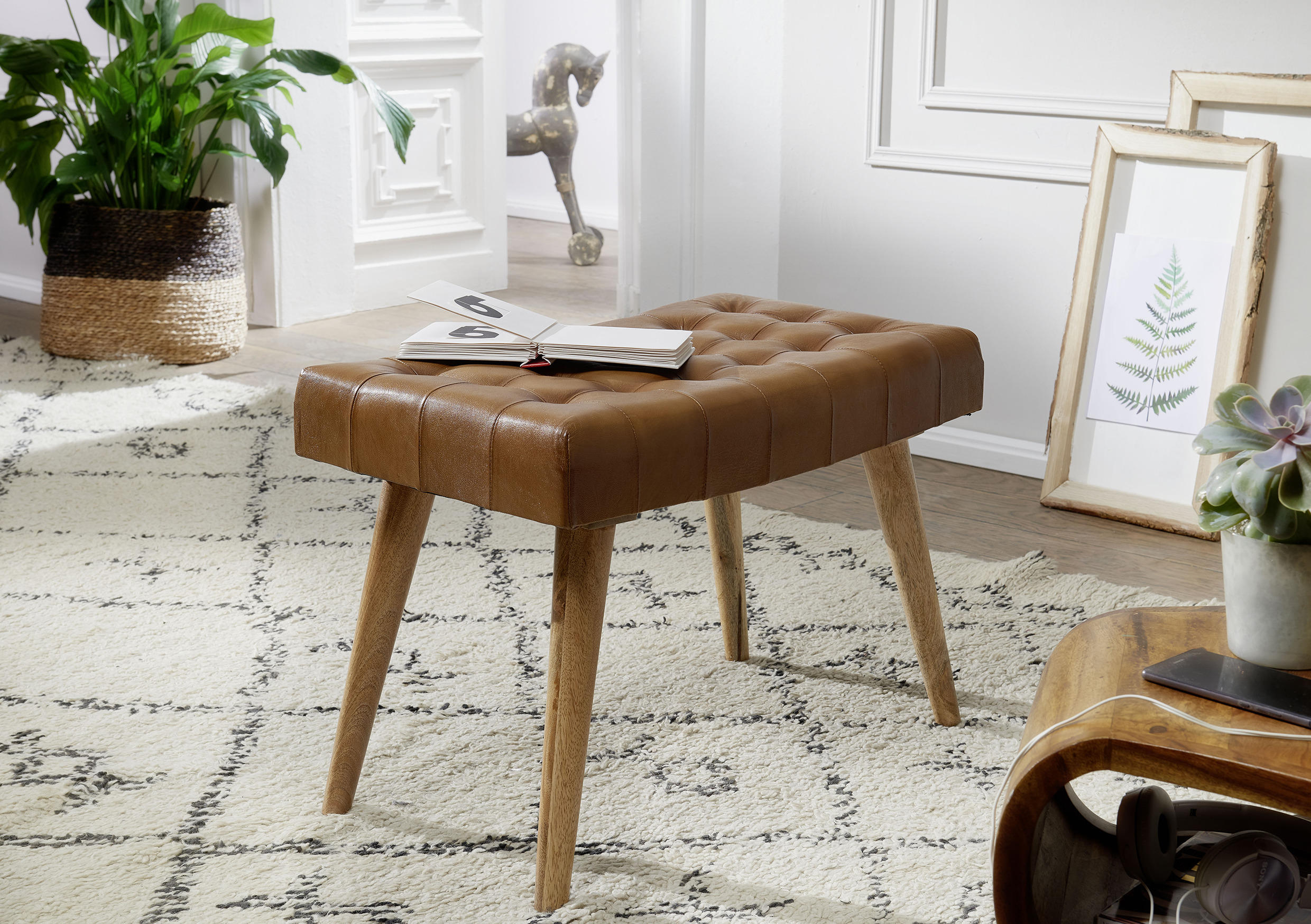 HOCKER Echtleder Braun  - Braun, Natur, Leder/Holz (67/47/39cm) - MID.YOU