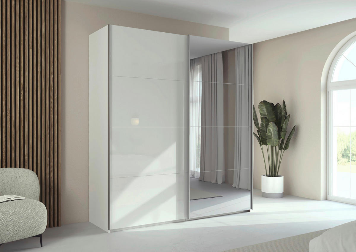 SCHWEBETÜRENSCHRANK 201/236/68 cm 2-türig Weiß, Weiß Hochglanz  - Weiß Hochglanz/Alufarben, Basics, Glas/Holzwerkstoff (201/236/68cm) - Novel