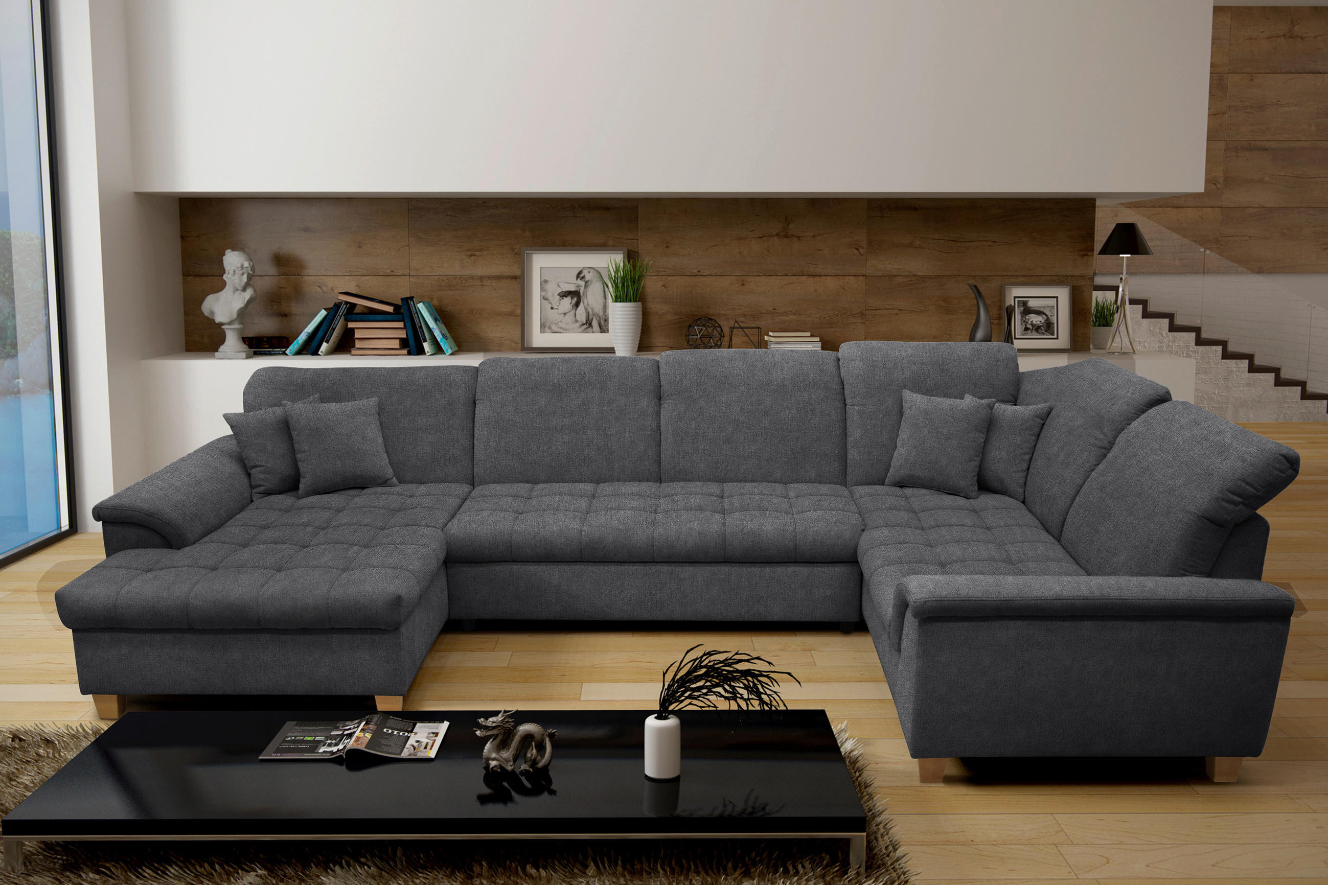 WOHNLANDSCHAFT Dunkelgrau Mikrofaser  - Dunkelgrau, KONVENTIONELL, Holz/Textil (162/344/206cm) - MID.YOU