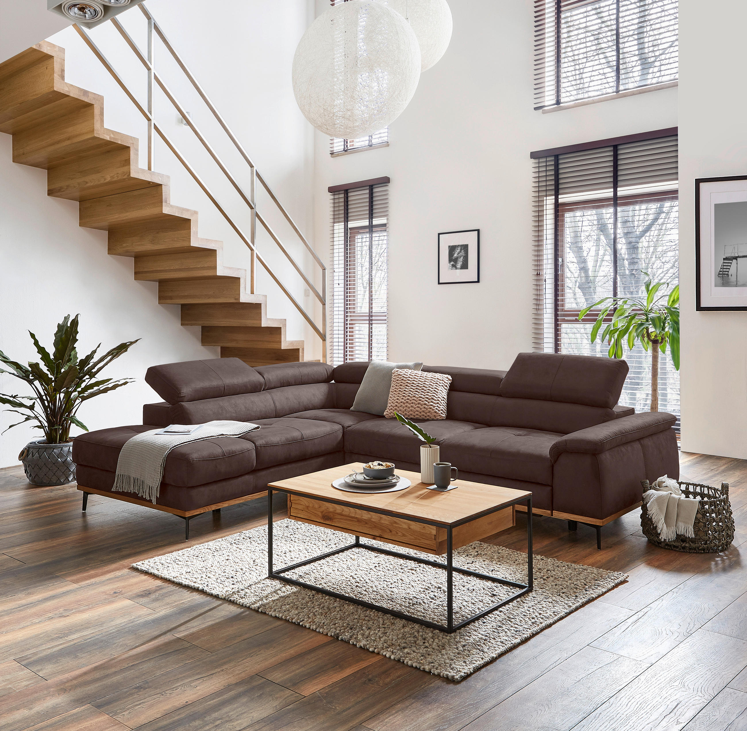 ECKSOFA inkl.Funktionen Mokka Lederlook  - Schwarz/Mokka, Natur, Holz/Textil (226/282cm) - Novel