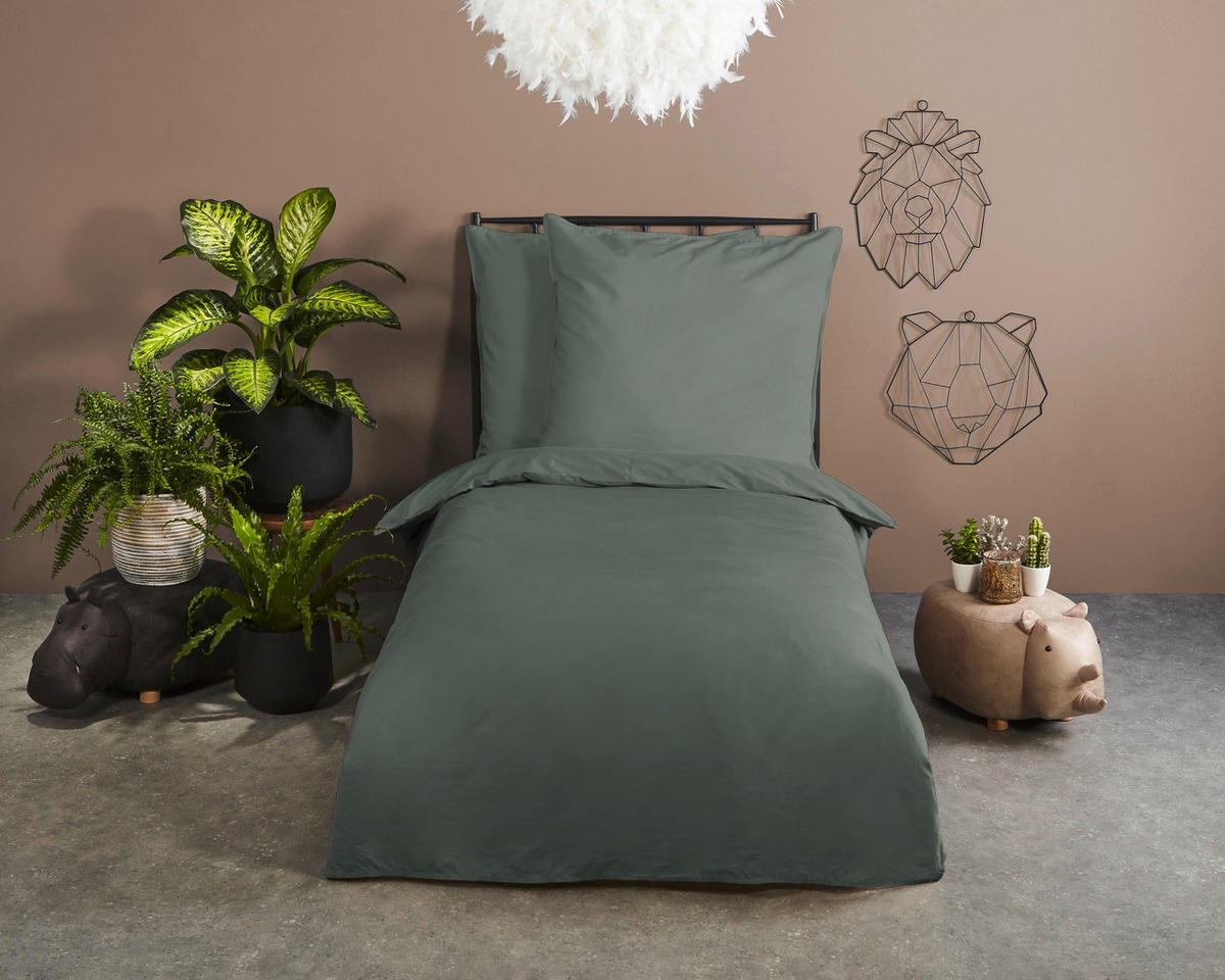 BETTWÄSCHE Uni Dark Olive Satin 135/200 cm  - Olivgrün, Basics, Textil (135/200cm)