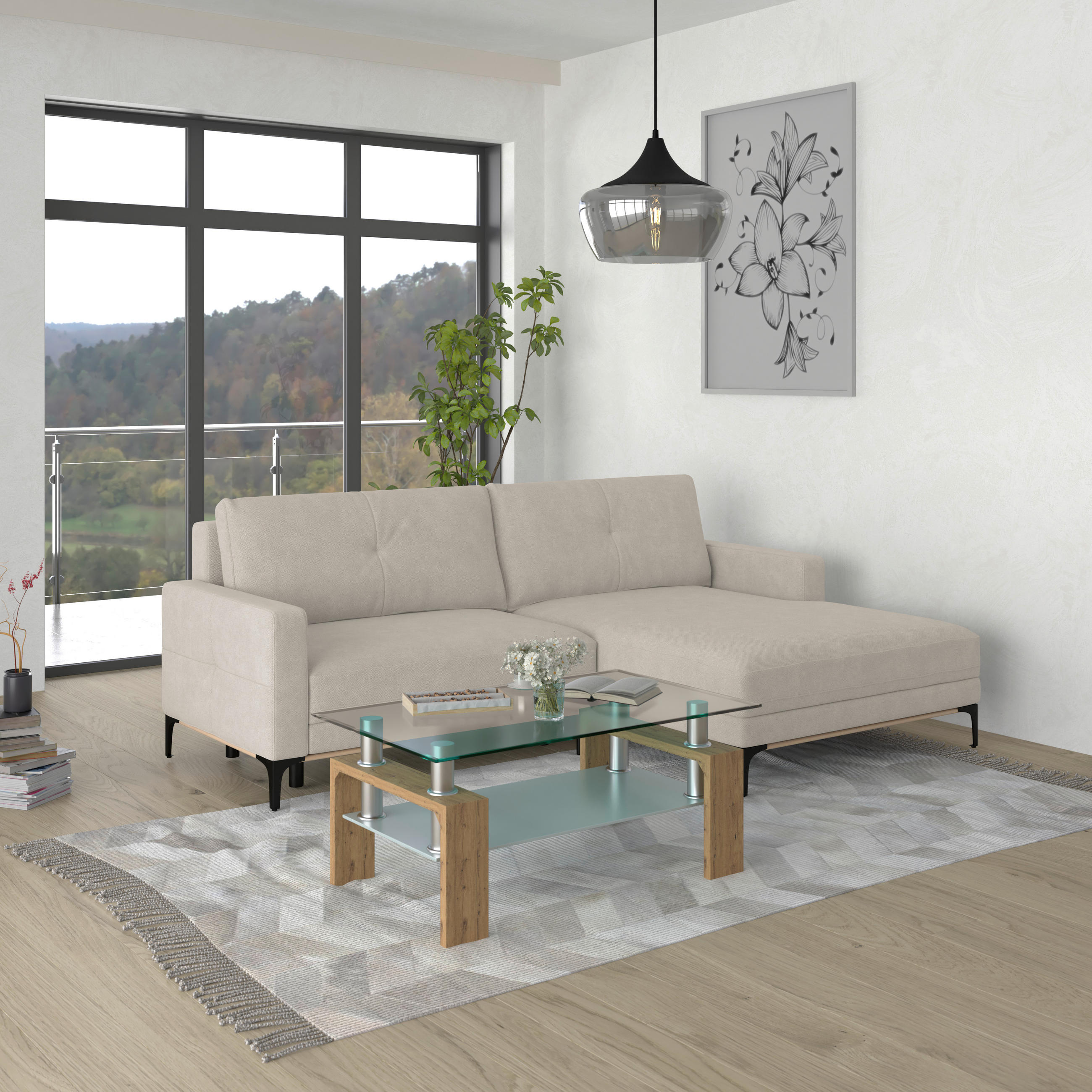 ECKSOFA in Creme  - Creme/Schwarz, Modern, Textil/Metall (238/162cm) - Ondega