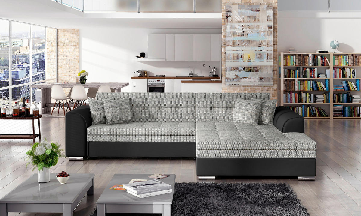 ECKSOFA  Grau, Schwarz Webstoff  - Chromfarben/Schwarz, Design, Kunststoff/Textil (296/194cm) - MID.YOU