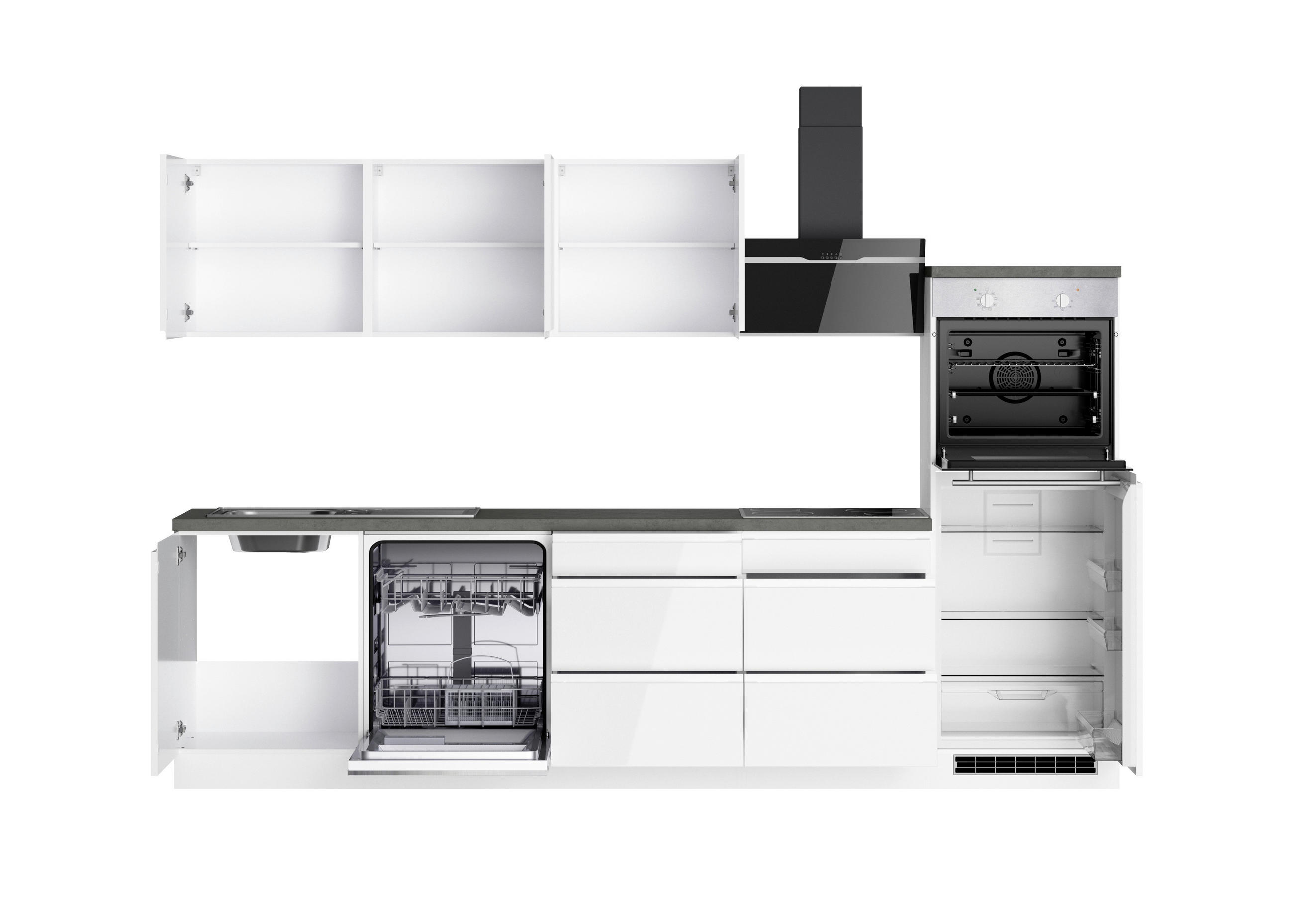 KÜCHENBLOCK 300 cm   in Grau, Weiss, Weiss Hochglanz  - Weiss Hochglanz/Weiss, Lifestyle, Holzwerkstoff (300cm) - Held