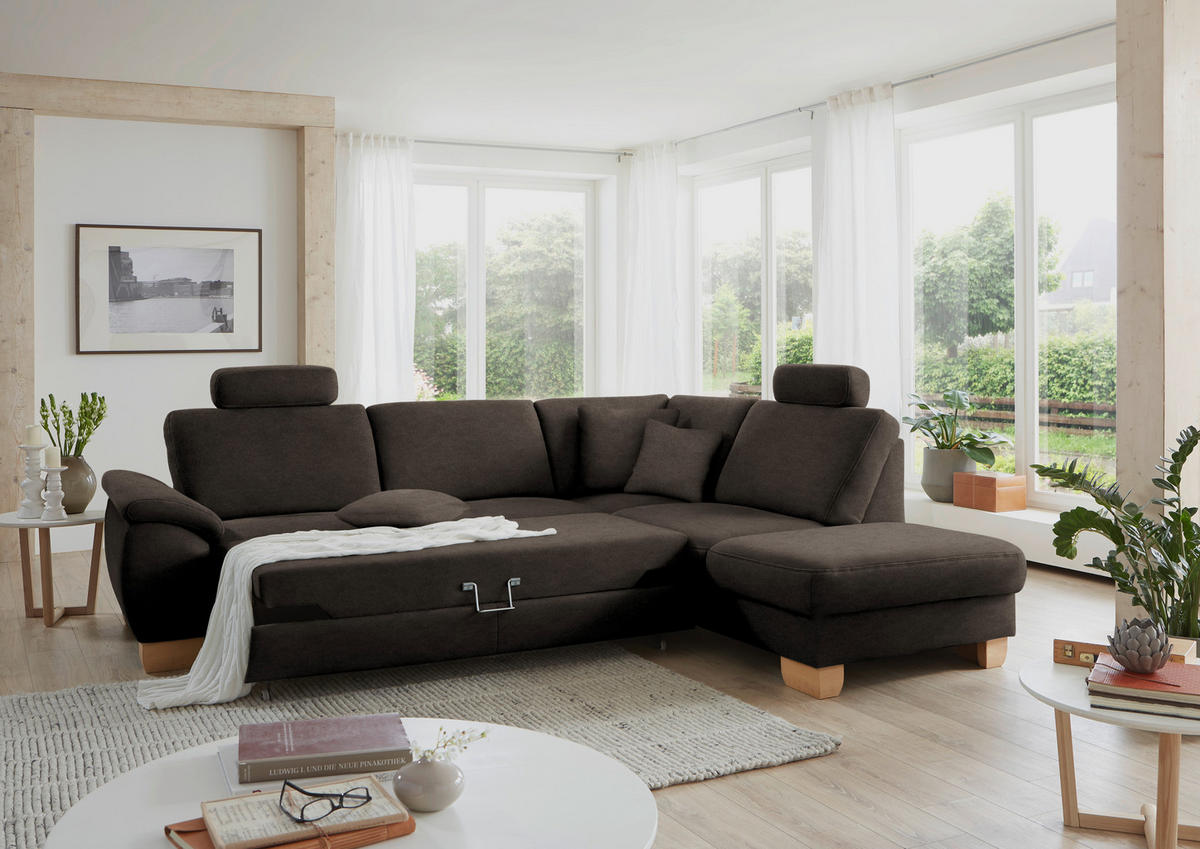 ECKSOFA in Mikrofaser Mokka  - Wildeiche/Beige, Natur, Holz/Textil (286/236cm) - Voleo