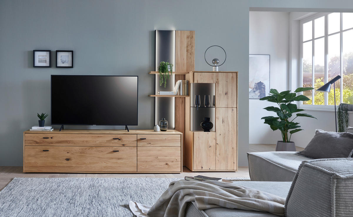 WOHNWAND  in Grau, Eichefarben  292/203/49 cm  - Eichefarben/Anthrazit, KONVENTIONELL, Glas/Holz (292/203/49cm) - Musterring