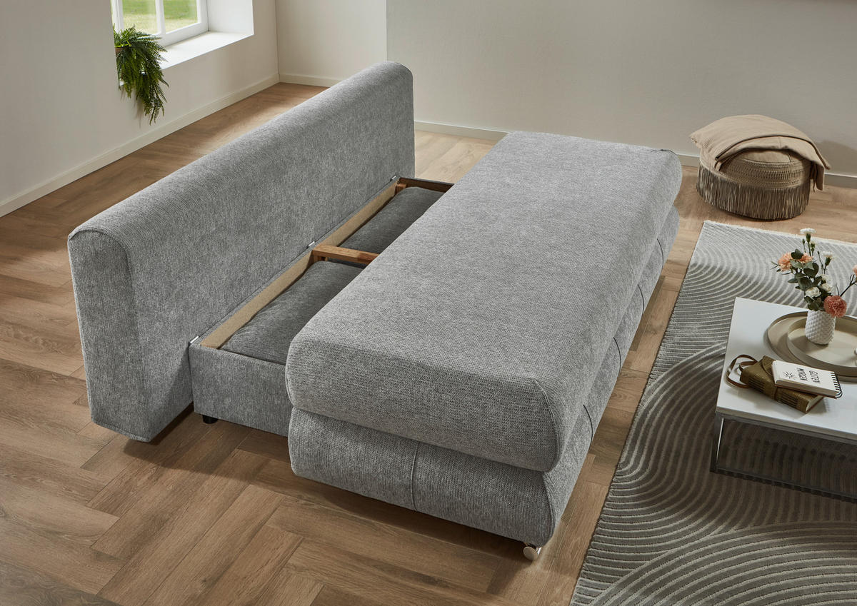 SCHLAFSOFA Webstoff Grau  inkl. Rückenkissen, Armlehnenkissen, Bettkasten, Schlaffunktion, Rücken echt, Liegefläche im Originalstoff  - Edelstahlfarben/Grau, KONVENTIONELL, Textil/Metall (199/95/97cm) - Carryhome