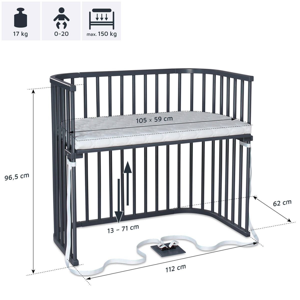 BEISTELLBETT 110/62/96,50 cm  - Grau, Basics, Holz (110/62/96,50cm) - Babybay