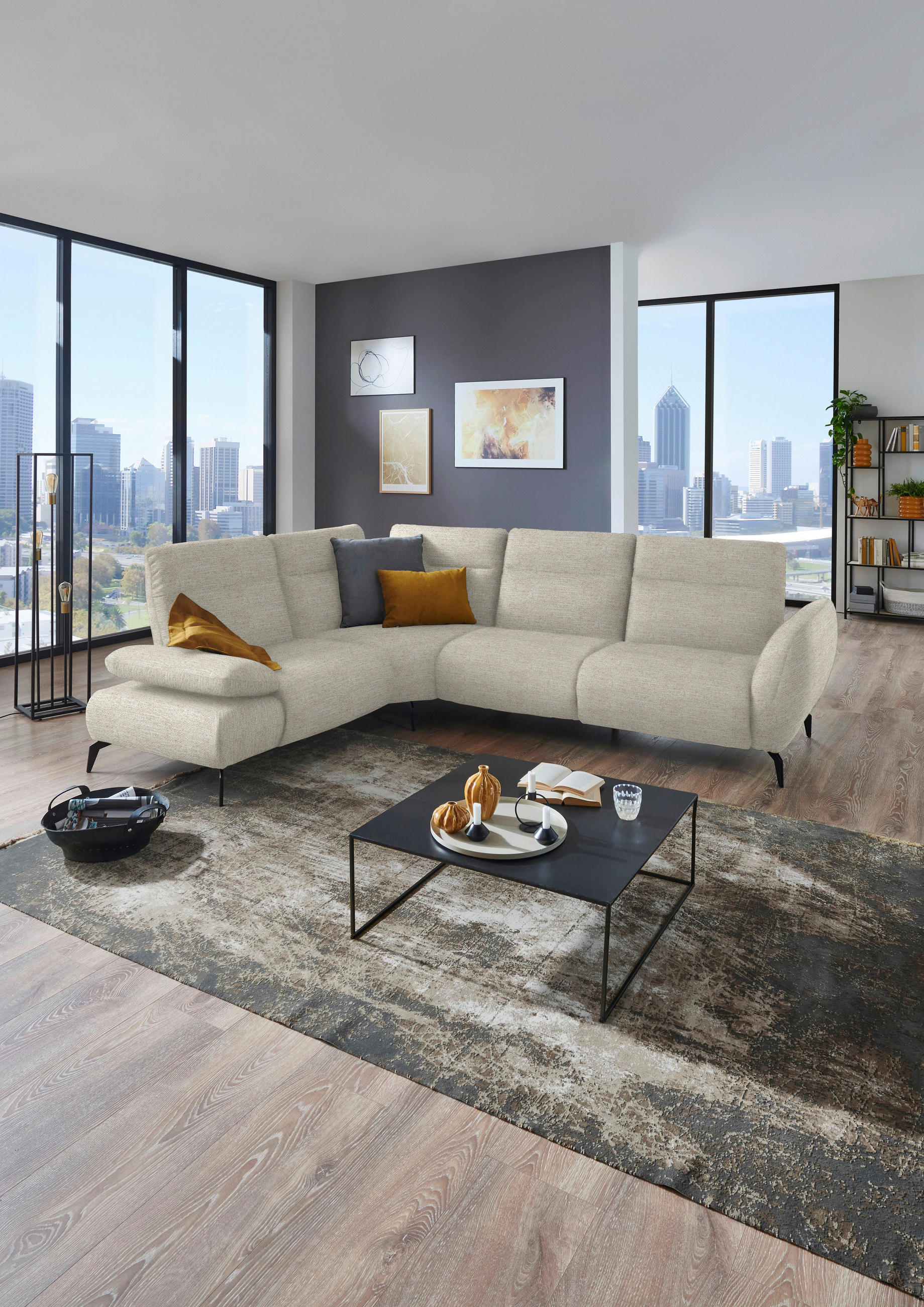 ECKSOFA in Webstoff Beige  - Beige/Schwarz, Design, Textil/Metall (223/290cm) - Moderano