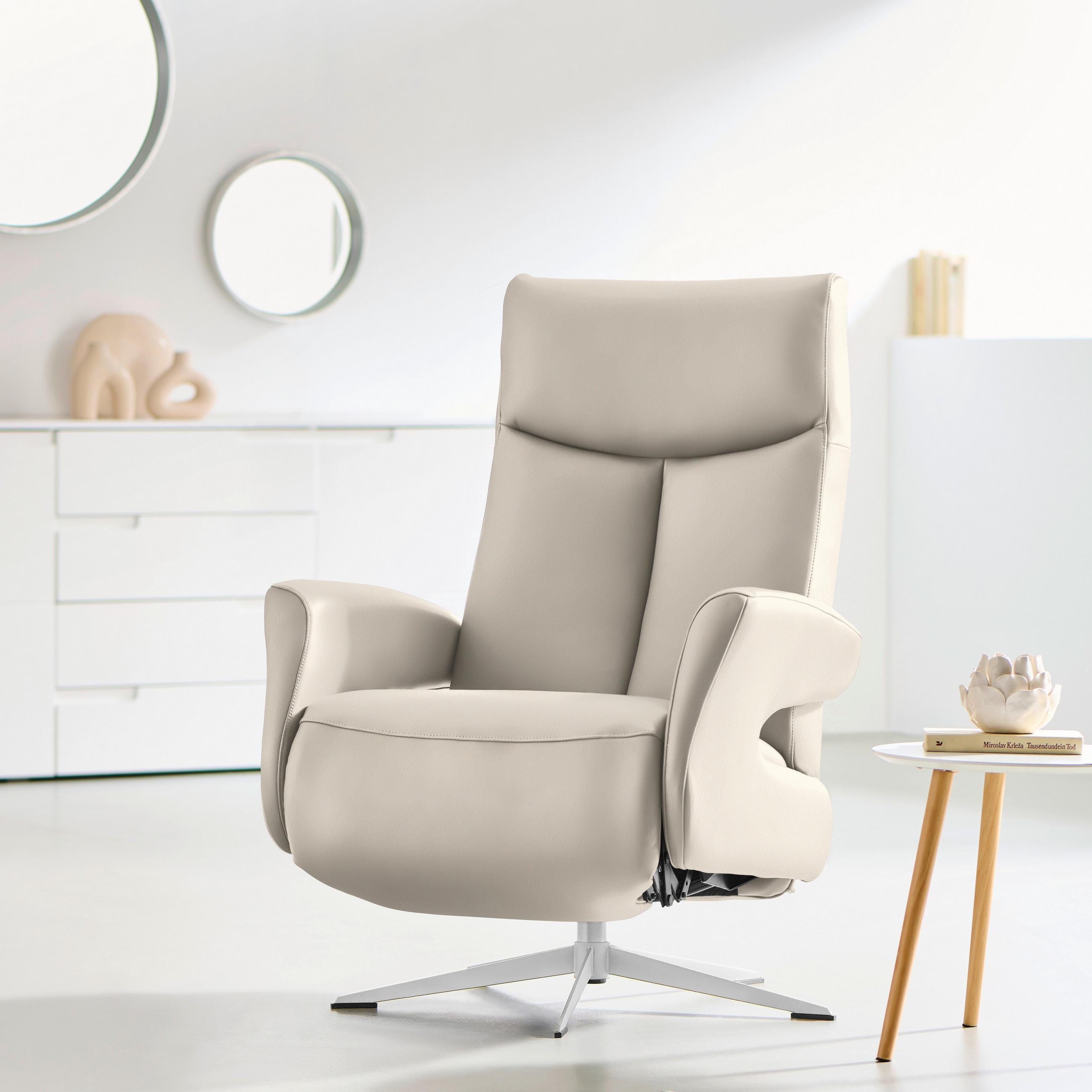 RELAXSESSEL Echtleder Relaxfunktion    - Chromfarben/Beige, Design, Leder/Metall (74/105/82cm) - Welnova