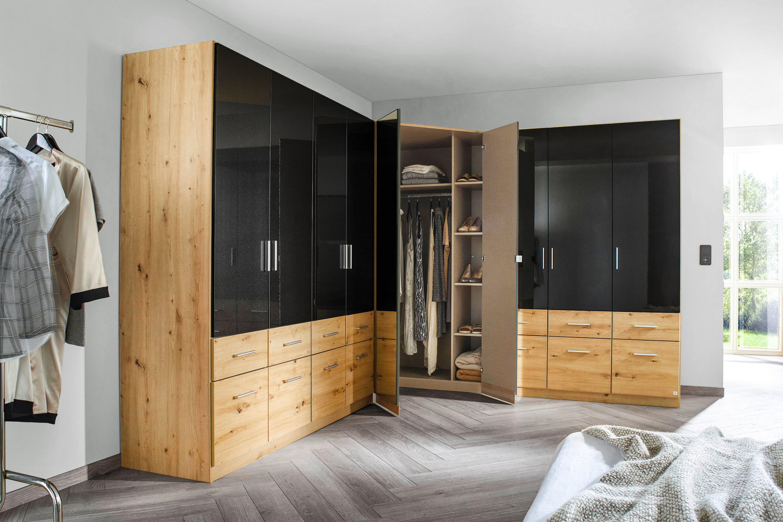 Thumbnail - Carryhome Kleiderschrank, Dunkelgrau, Eiche Artisan, Kunststoff, 2 Fächer, 6 Schublade(n) Schubladen, 136x197x54 cm, Bla...