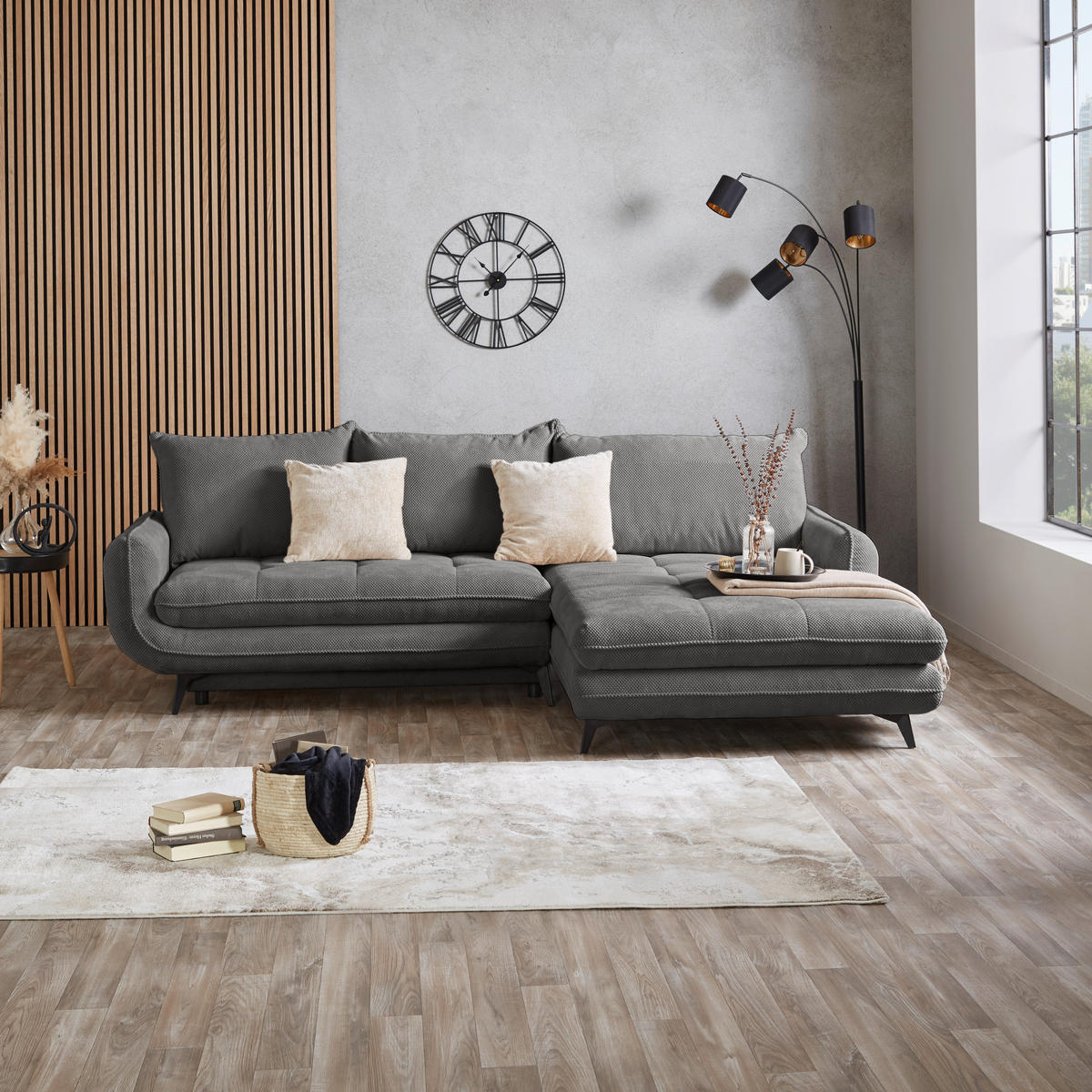 ECKSOFA WAVE Grau Struktur  - Beige/Schwarz, MODERN, Textil/Metall (266/189cm) - MID.YOU