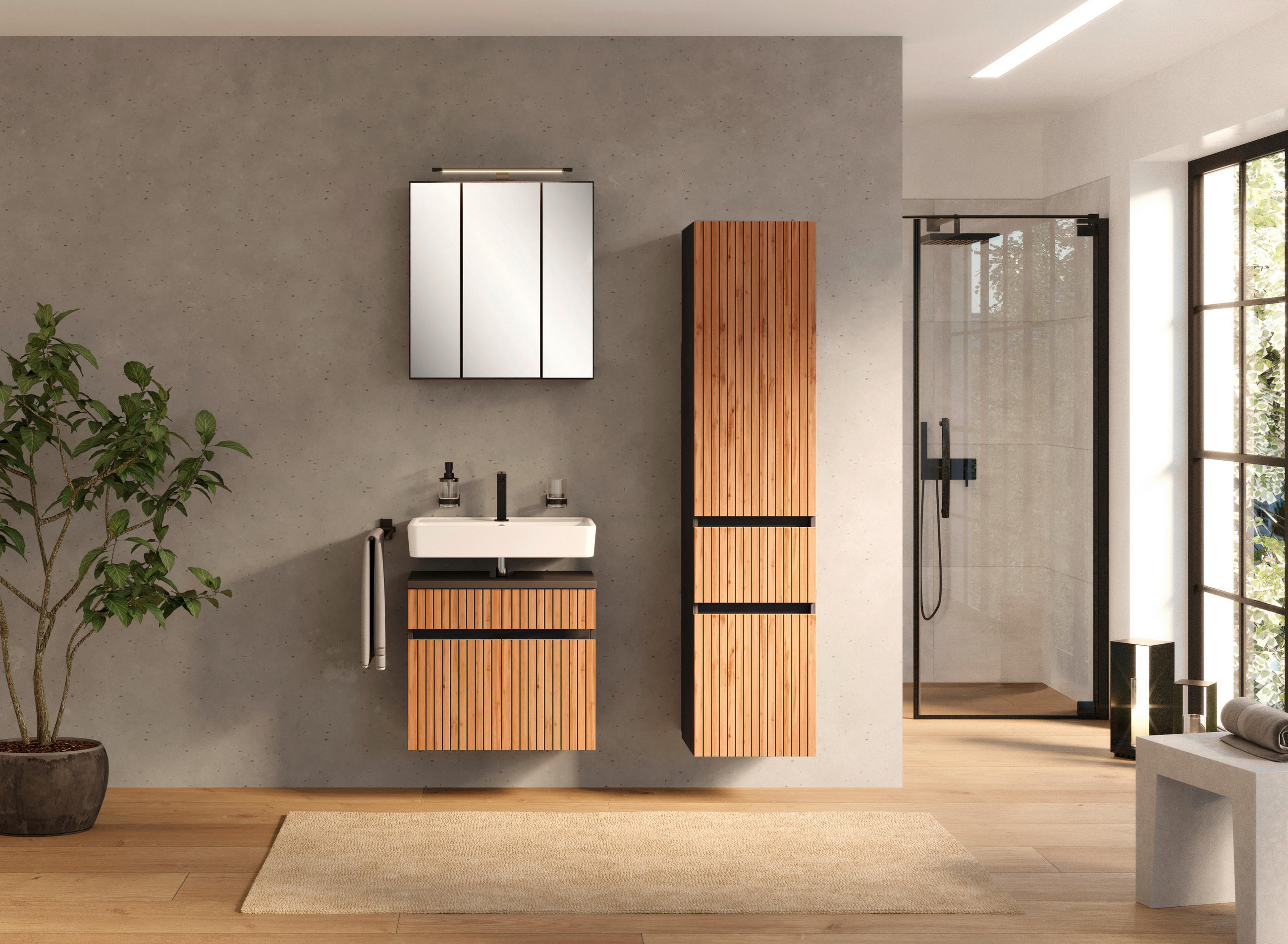 BADEZIMMER  in 100 cm  - Eiche Wotan/Graphitfarben, KONVENTIONELL, Glas/Holzwerkstoff (100cm) - Xora