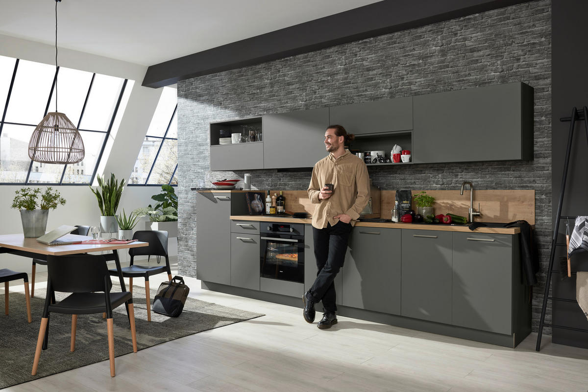 KÜCHENLEERBLOCK 360 cm   in Anthrazit, Eichefarben  - Edelstahlfarben/Eichefarben, Design, Holzwerkstoff/Metall (360cm) - Nolte Küchen