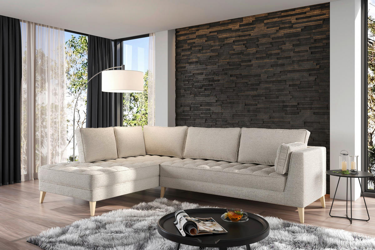 ECKSOFA in Bouclé Weiss  - Weiss/Naturfarben, Design, Holzwerkstoff/Textil (204/310cm) - MID.YOU