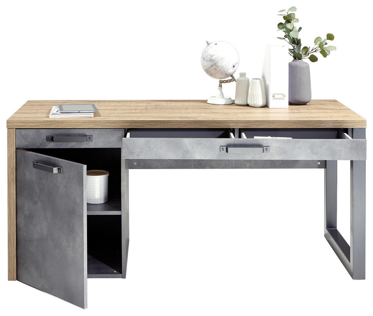 Birou in material pe bază de lemn  - culoare lemn stejar/gri, Trend, metal/material pe bază de lemn (170/69/76cm) - Stylife