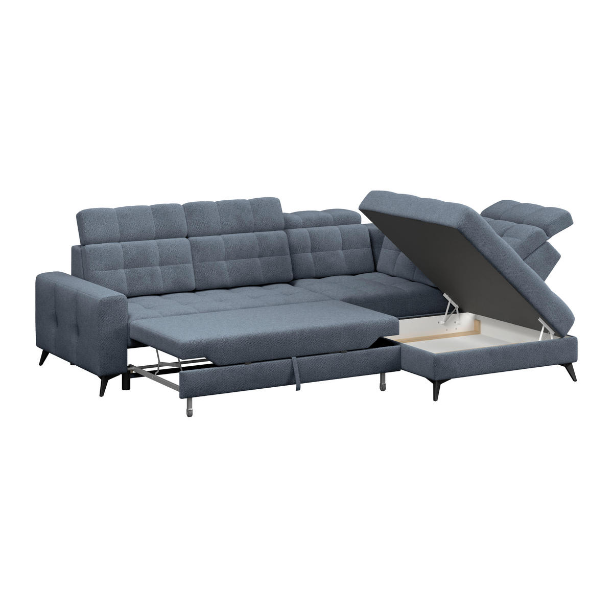 ECKSOFA BARLETTA NEW Blau Velours Bettkasten, Kopfteilverstellung, Sitztiefenverstellung, Liegefläche im Originalstoff  - Blau/Schwarz, ROMANTIK / LANDHAUS, Textil/Metall (289/228cm) - MID.YOU