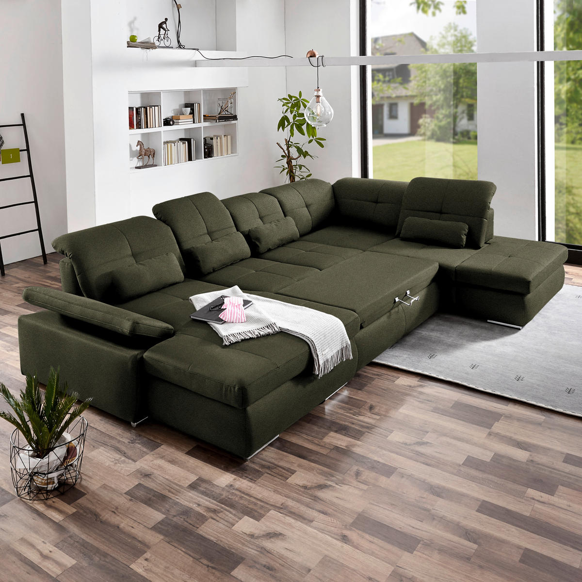 WOHNLANDSCHAFT  in Mikrofaser Olivgrün  - Chromfarben/Olivgrün, Design, Textil (195/371/260cm) - Beldomo Style