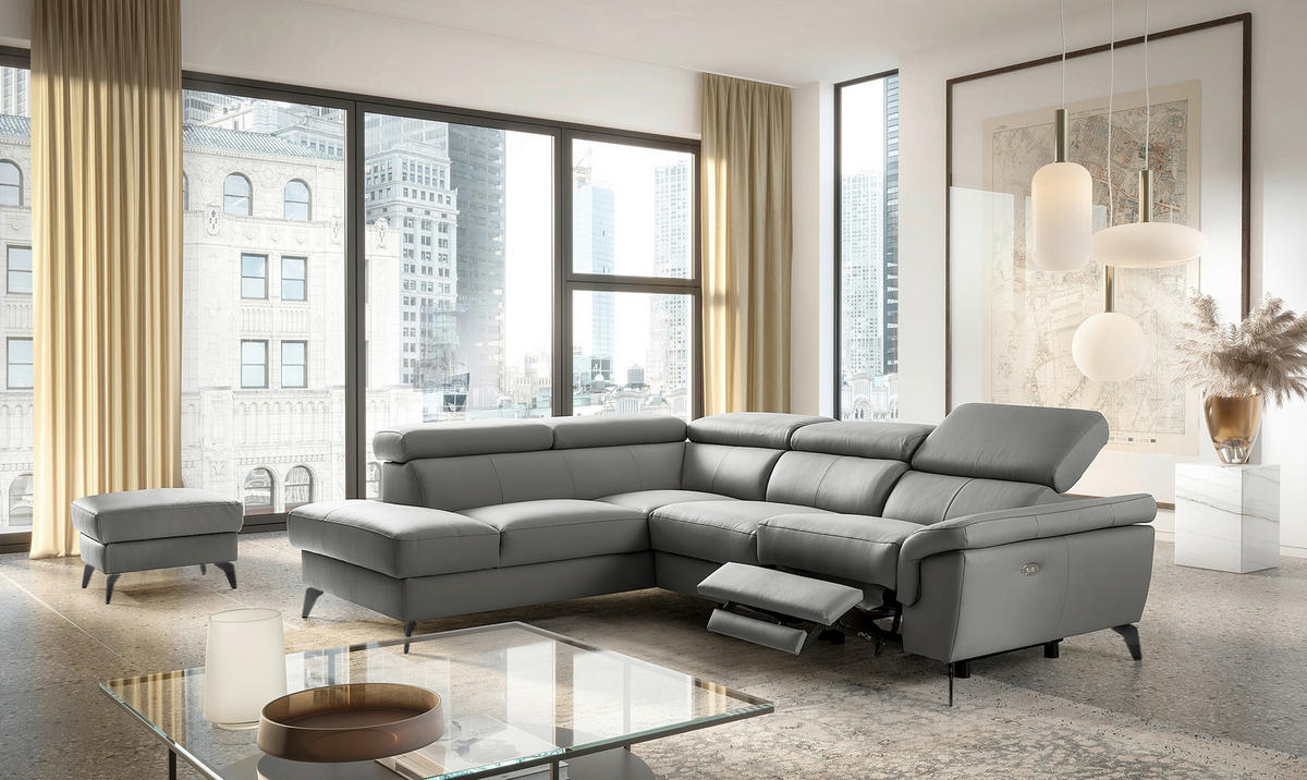 ECKSOFA SONO in Lederlook Echtleder Anthrazit Armteilverstellung, Kopfteilverstellung  210/265 cm  - Anthrazit/Schwarz, Design, Leder/Textil (210/265cm) - Livetastic
