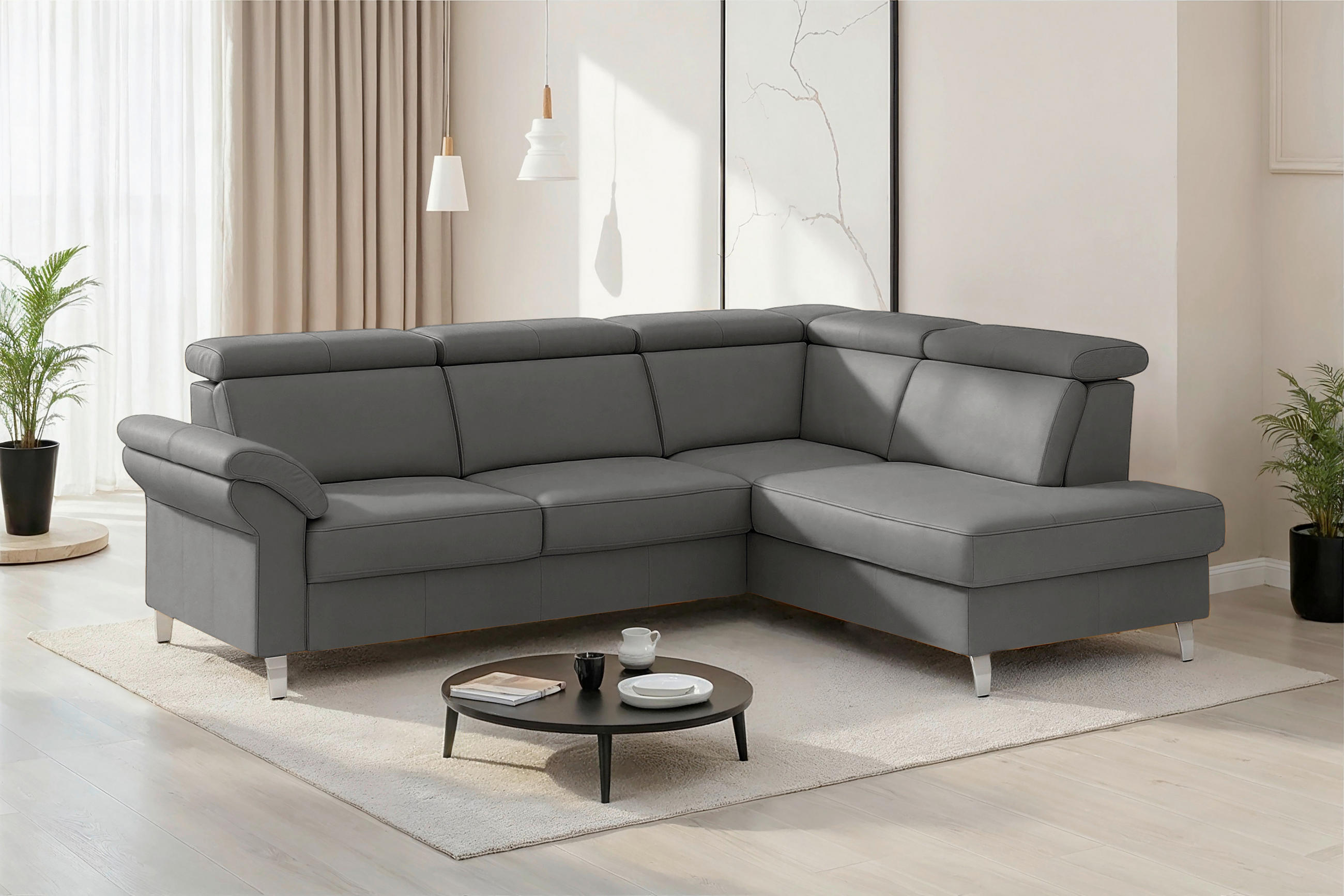 ECKSOFA  Mikrofaser Kombination Echtleder/Stoff Mokka  - Chromfarben/Mokka, Basics, Leder/Textil (245/194cm) - Sit & More