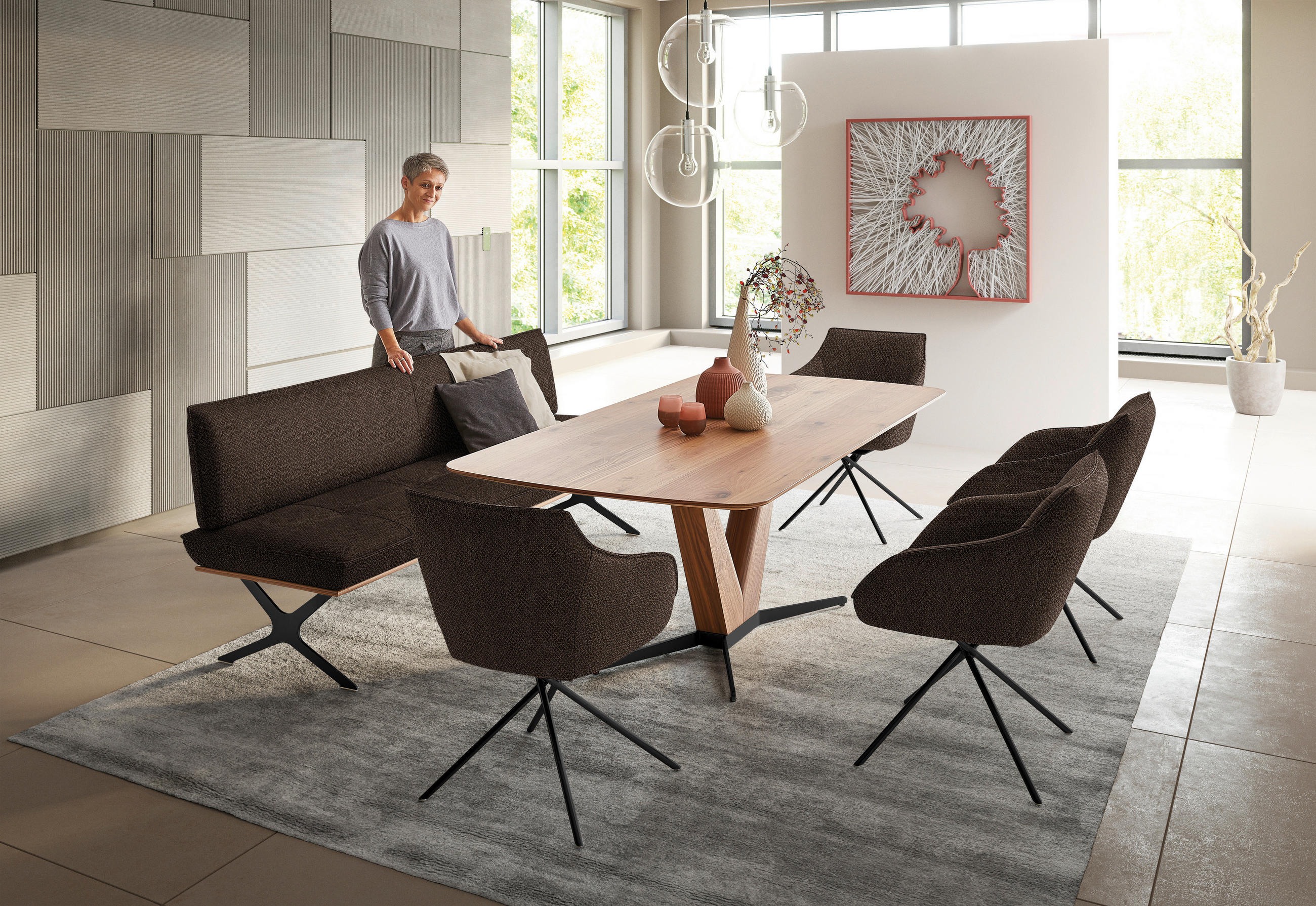 SITZBANK in Holz, Textil Braun, Schwarz, Nussbaumfarben  - Nussbaumfarben/Schwarz, Design, Holz/Textil (214/88/66cm) - Koinor