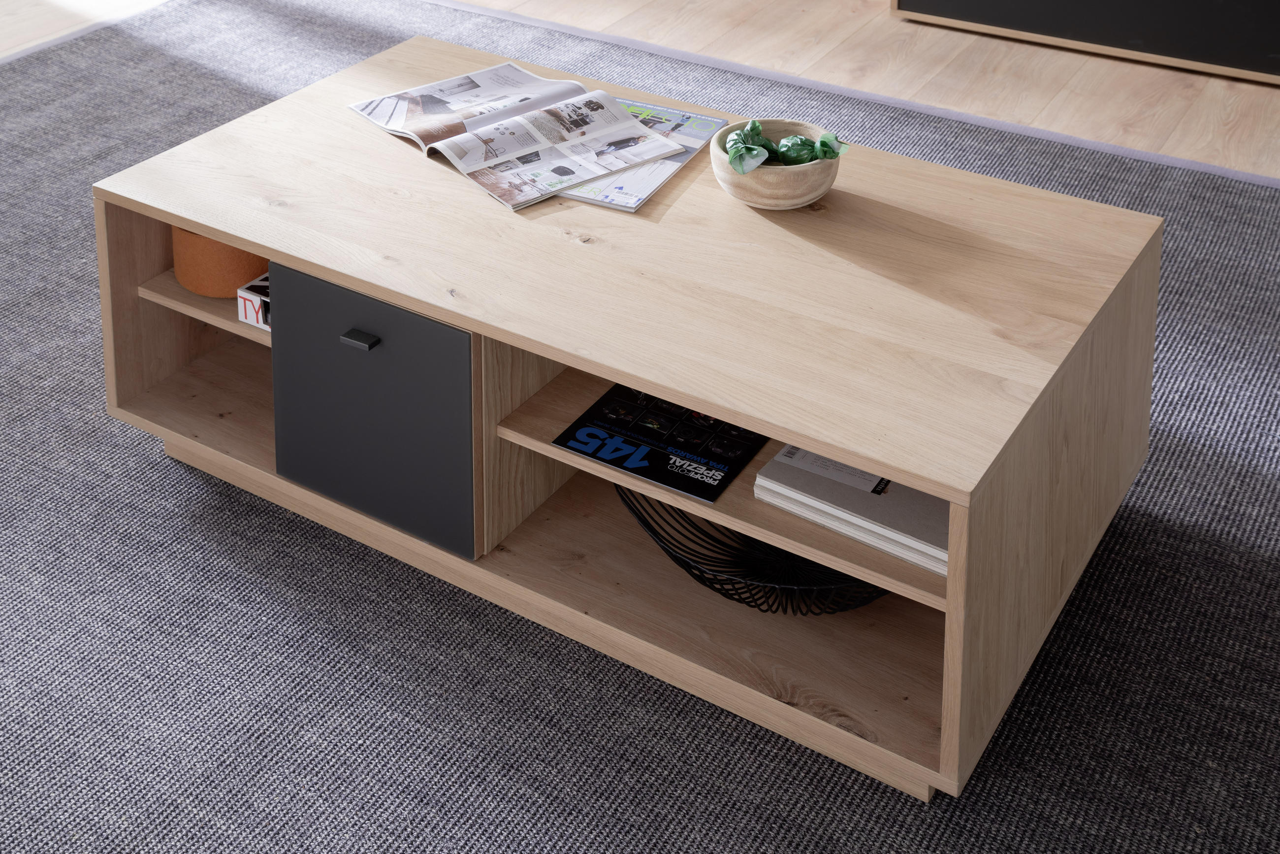 COUCHTISCH furniert Flachglas 115/65/44 cm rechteckig Anthrazit, Eiche Bianco  - Eiche Bianco/Anthrazit, Design, Glas/Holzwerkstoff (115/65/44cm) - MID.YOU