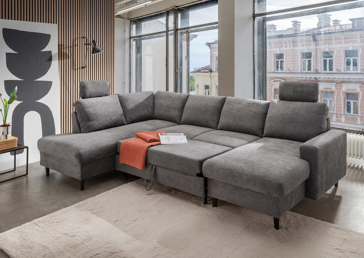 WOHNLANDSCHAFT in Chenille Dunkelgrau  - Dunkelgrau/Schwarz, Modern, Holz/Textil (200/305/153cm) - Livetastic
