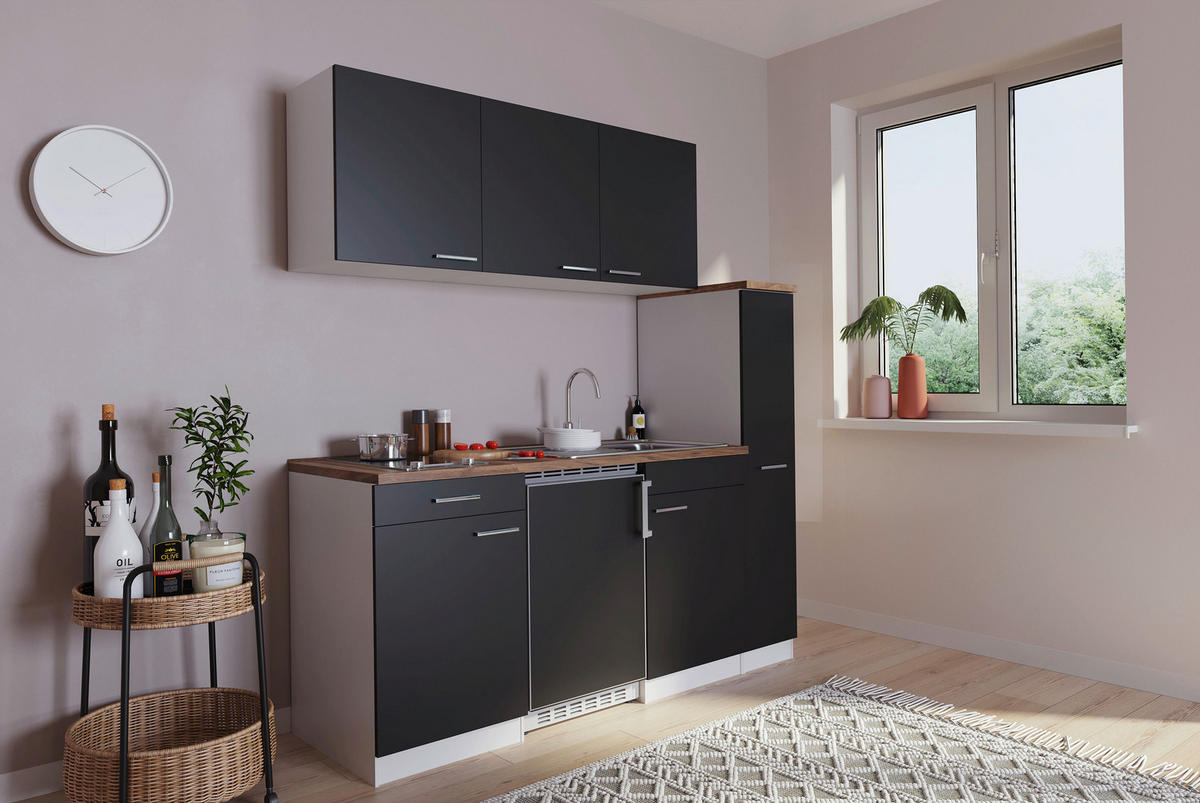 KÜCHENBLOCK 180/200/60 cm   in Schwarz  - Nussbaumfarben/Alufarben, Basics, Holzwerkstoff/Kunststoff (180/200/60cm) - Respekta