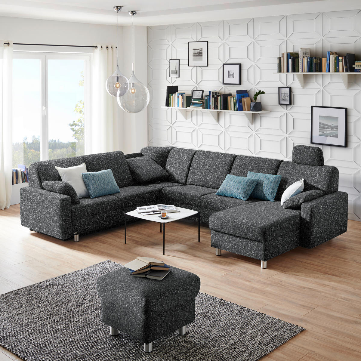 WOHNLANDSCHAFT  in Mikrovelours Anthrazit  - Anthrazit/Alufarben, KONVENTIONELL, Kunststoff/Textil (236/322/158cm) - Sedda