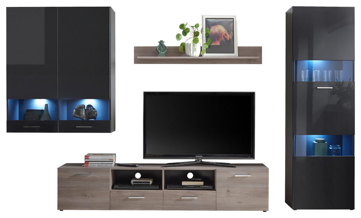 DNEVNI REGAL,  antracit, siva, barve srebrnega hrasta  - srebrne barve/črna, Moderno, umetna masa/steklo (325/195/42cm) - Hom`in