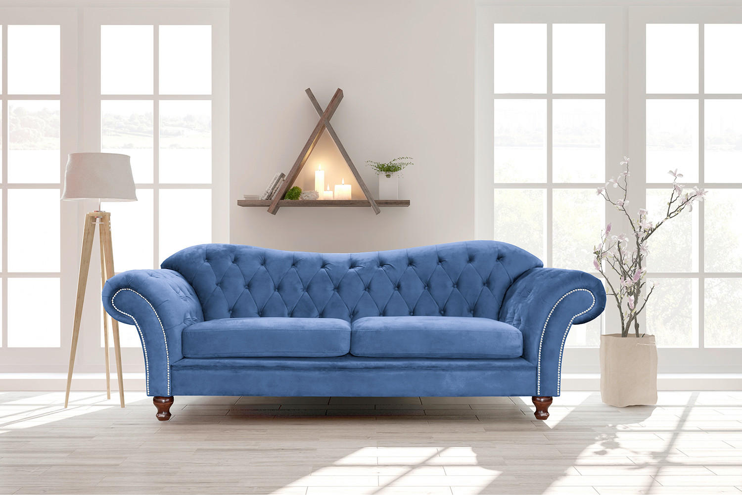 3-SITZER-SOFA SHEFFIELD Mikrofaser Blau  - Blau/Braun, Design, Holz/Textil (230/92/90cm) - P & B