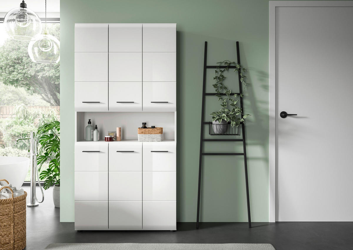 HOCHSCHRANK 90/185/30 cm  - Weiß Hochglanz/Silberfarben, MODERN, Holzwerkstoff/Kunststoff (90/185/30cm) - MID.YOU