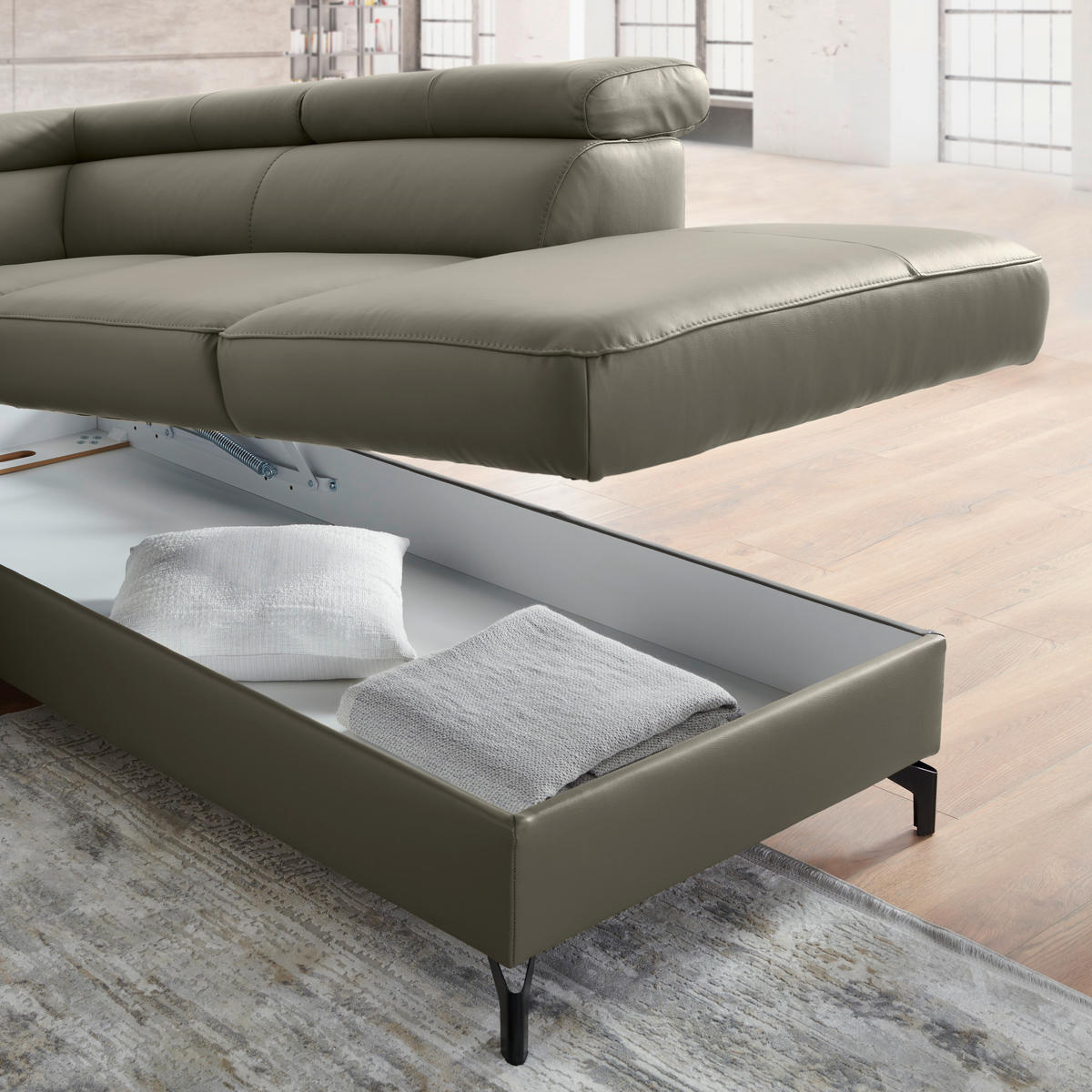 ECKSOFA in Lederlook Kombination Echtleder/Lederlook Schlammfarben  - Schlammfarben/Schwarz, Design, Leder/Textil (256/220cm) - Celina Home