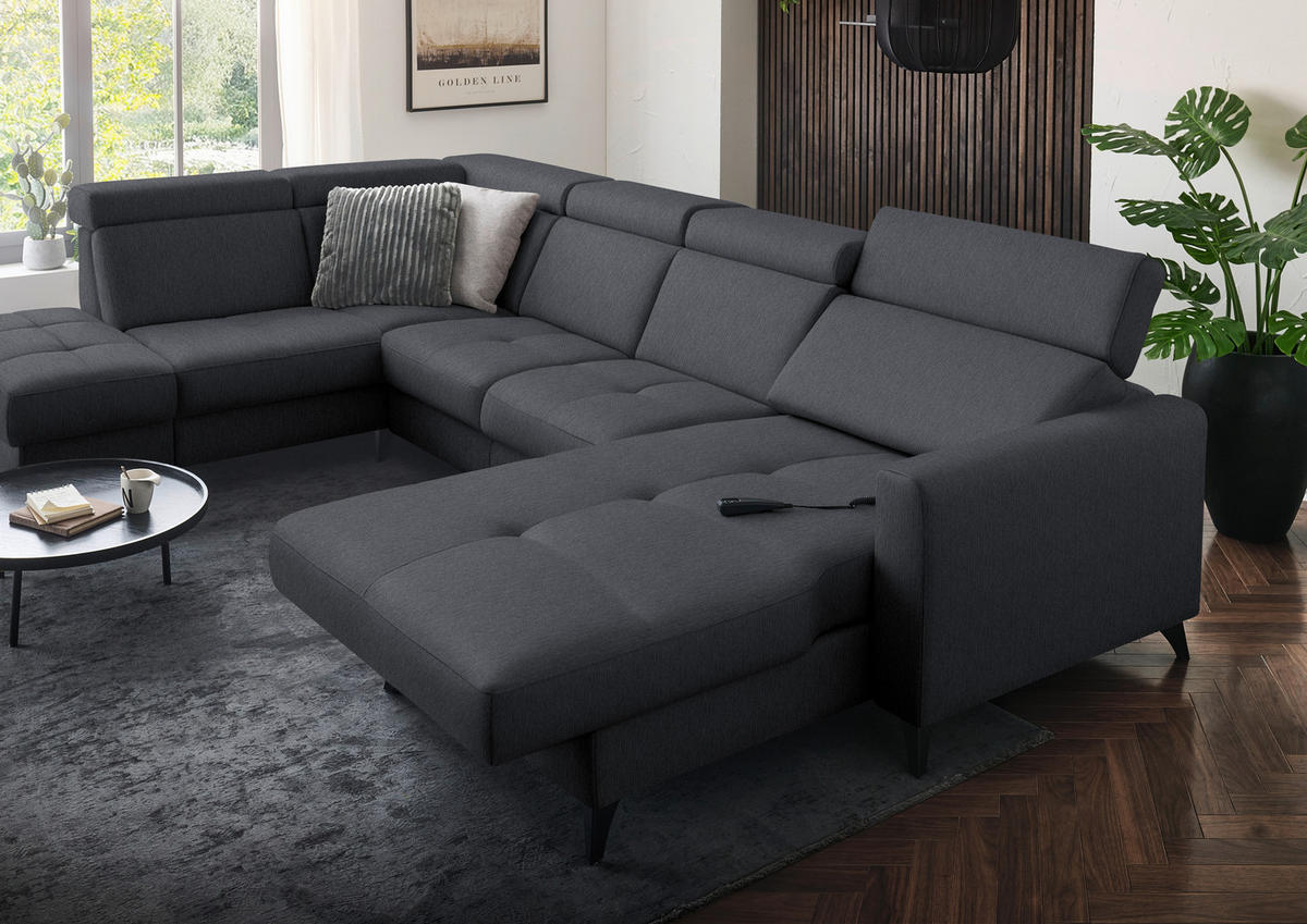 WOHNLANDSCHAFT Flachgewebe Anthrazit  - Anthrazit/Schwarz, Konventionell, Textil/Metall (215/333/174cm) - Beldomo System