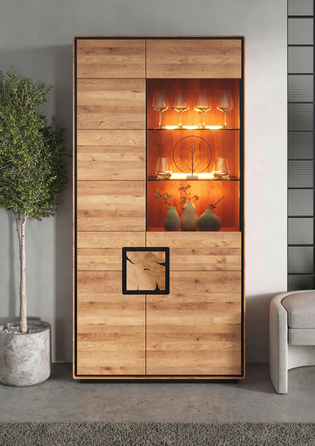 VITRINE  in massiv Wildeiche Schwarz, Wildeiche  - Wildeiche/Schwarz, Basics, Holz (100cm) - Livetastic