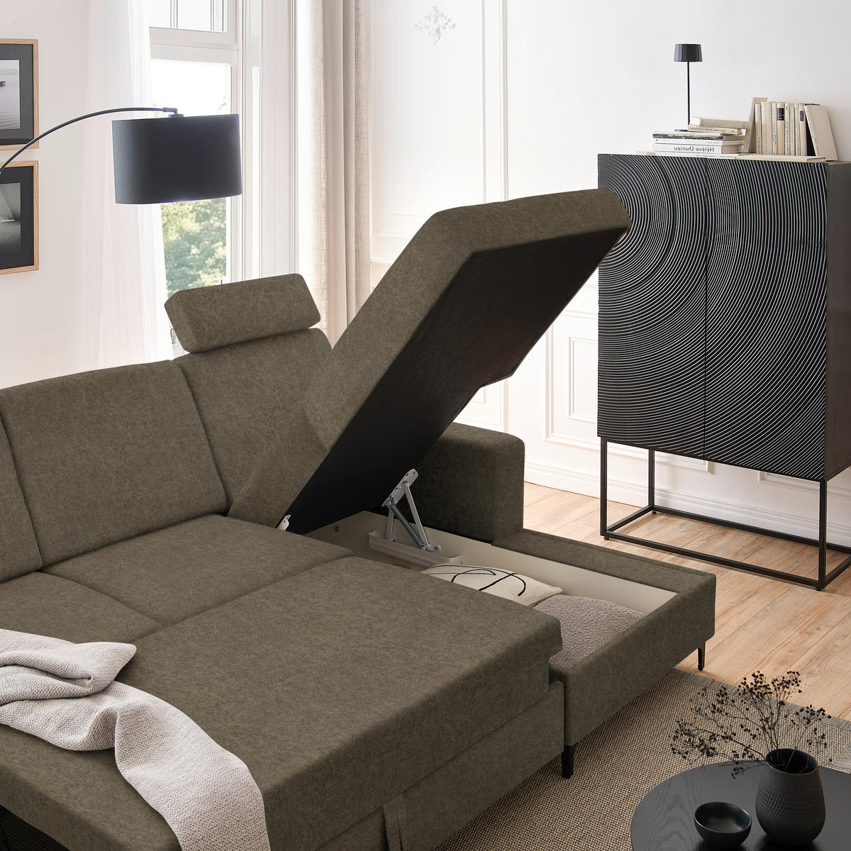ECKSOFA in Velours Braun  - Schwarz/Braun, Konventionell, Textil/Metall (247/167cm) - Stylife