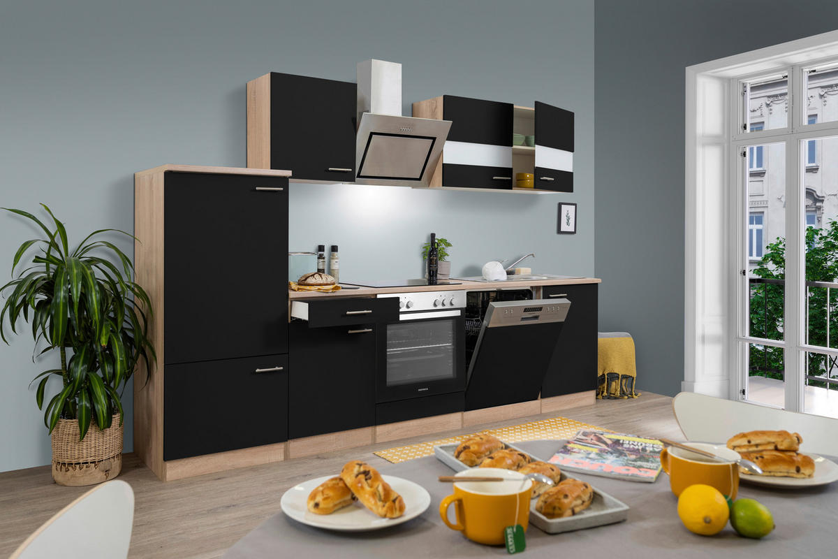 KÜCHENBLOCK 280 cm   in Schwarz  - Eichefarben/Alufarben, Basics, Holzwerkstoff/Metall (280cm) - Respekta