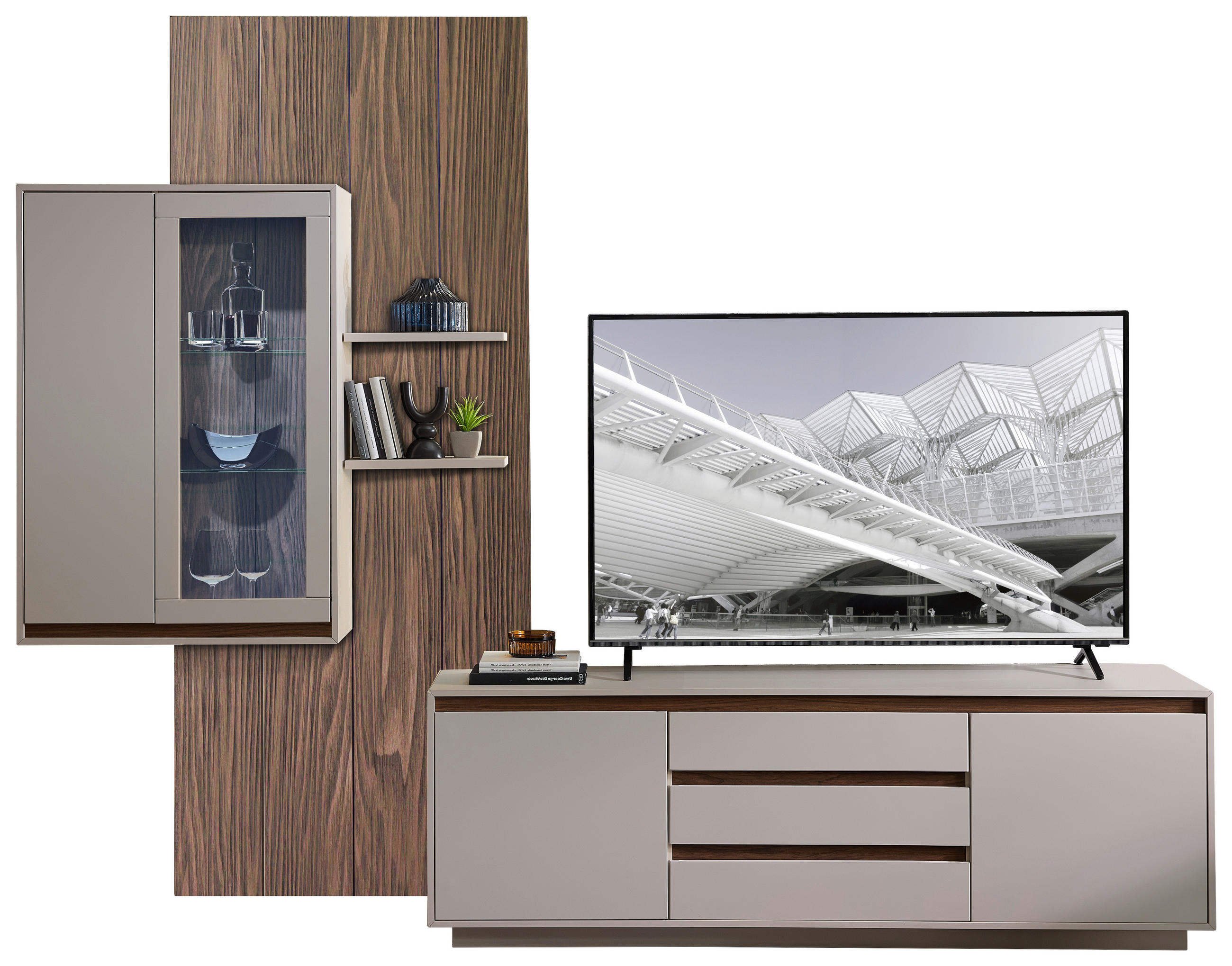 Set Mobilă Living, culoare lemn de nuc, cașmir, 290/232/45 cm