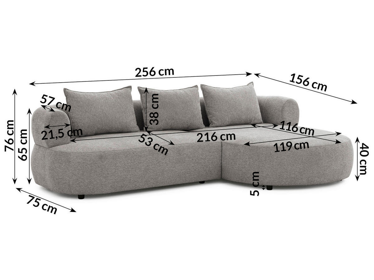 ECKSOFA in Chenille Grau  256/156 cm  - Schwarz/Grau, Design, Kunststoff/Textil (256/156cm) - Livetastic