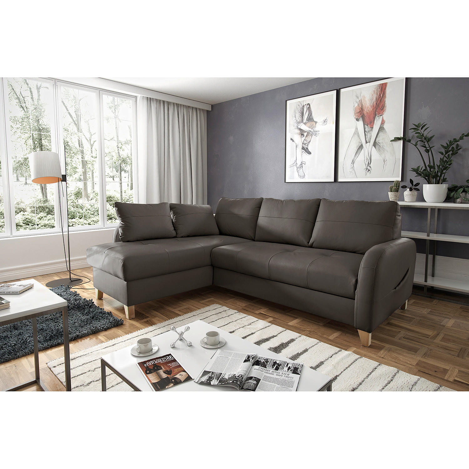 ECKSOFA Dunkelbraun Echtleder Lederlook Bettkasten, Schlaffunktion, Rücken echt  - Dunkelbraun/Buchefarben, Design, Leder/Holz (168/227cm) - Livetastic