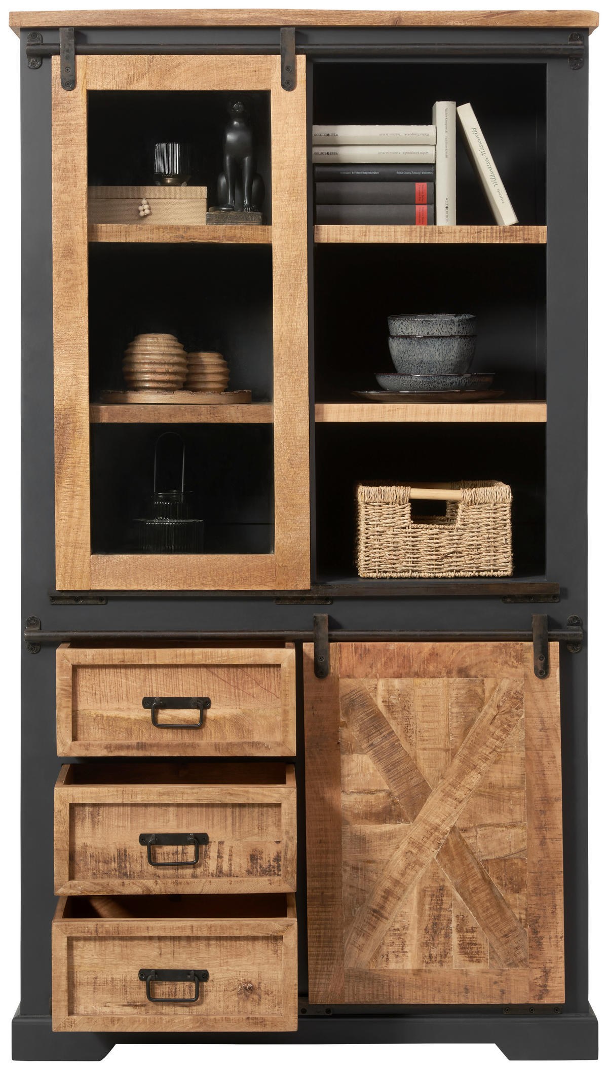 VITRINE  in massiv Mangoholz Schwarz, Grau, Naturfarben - Schwarz/Naturfarben, LIFESTYLE, Holz/Holzwerkstoff (100/180/45cm) - MID.YOU