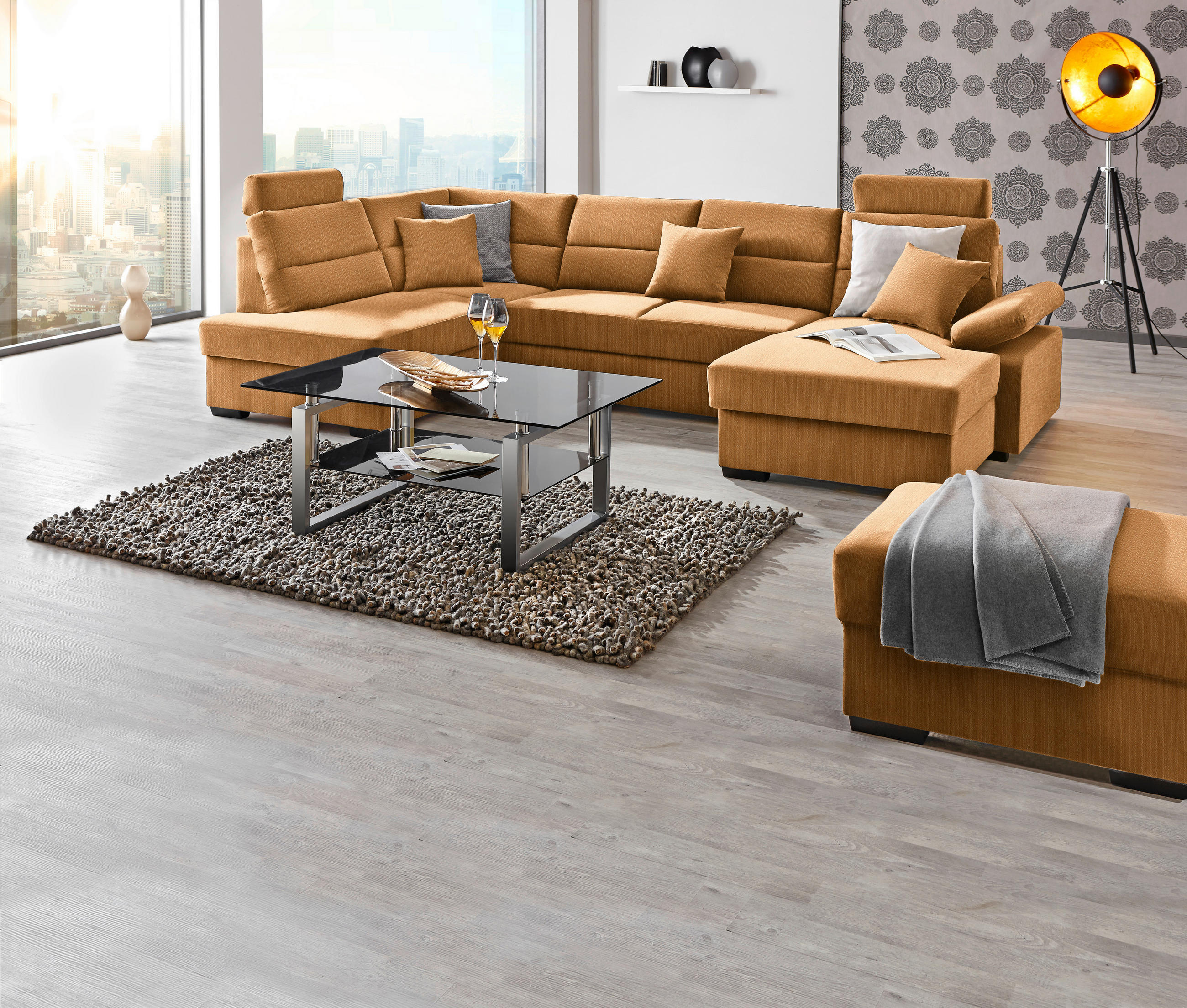 WOHNLANDSCHAFT in Webstoff Currygelb  - Currygelb/Dunkelbraun, Konventionell, Kunststoff/Textil (183/319/166cm) - Cantus
