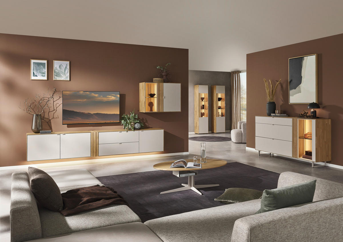 WOHNWAND  in Kaschmir, Wildeiche  333,4/179,3/37,1 cm    - Kaschmir/Wildeiche, Design, Glas/Holz (333,4/179,3/37,1cm) - Dieter Knoll