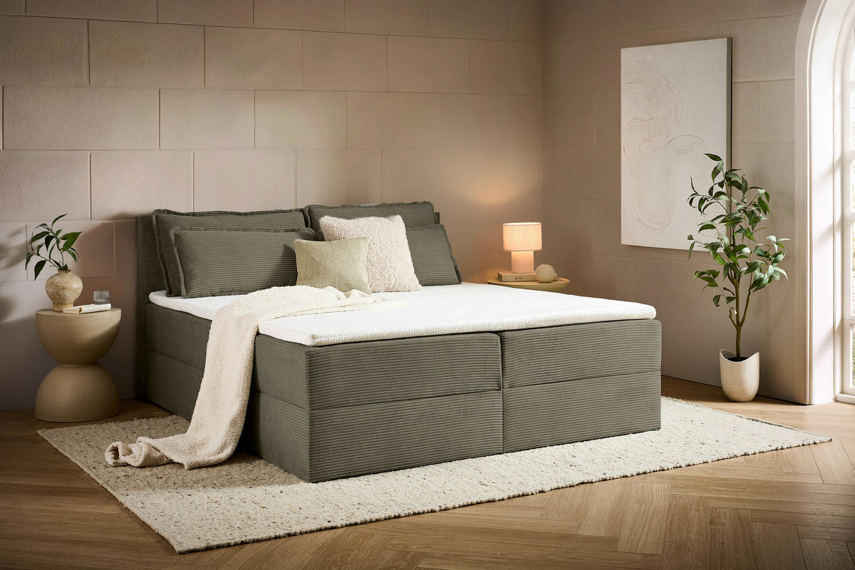 BOXBETT 180/200 cm,  in Waldgrün, Kissen, Bettkasten, Topper, H3 + H3 = fest  - Waldgrün/Schwarz, Design, Kunststoff/Textil (180/200cm) - Chameo