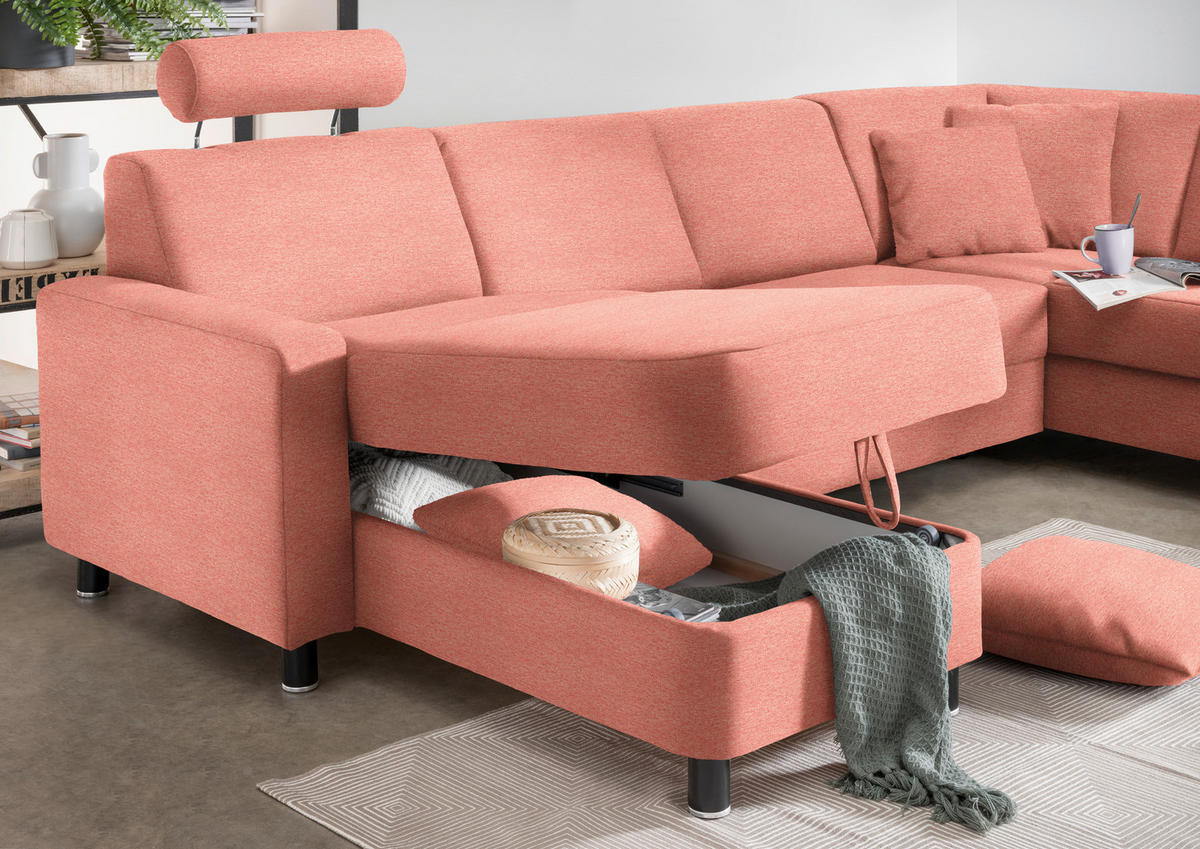 WOHNLANDSCHAFT in Webstoff Koralle  - Koralle/Schwarz, Design, Holz/Textil (165/296/198cm) - Xora