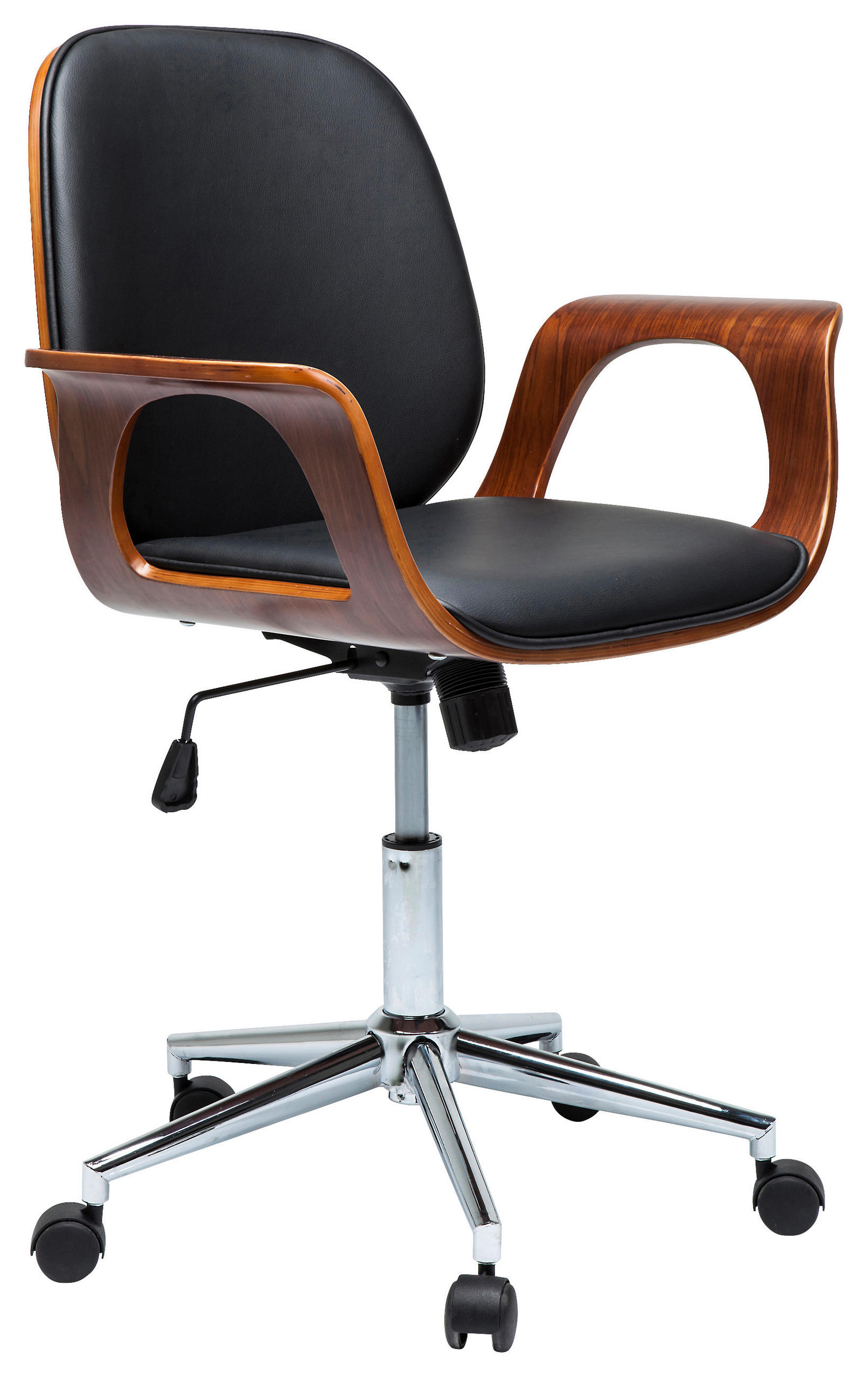 DREHSTUHL Lederlook Schwarz, Nussbaumfarben  - Chromfarben/Nussbaumfarben, Trend, Holz/Textil (66,5/101/56cm) - Kare-Design