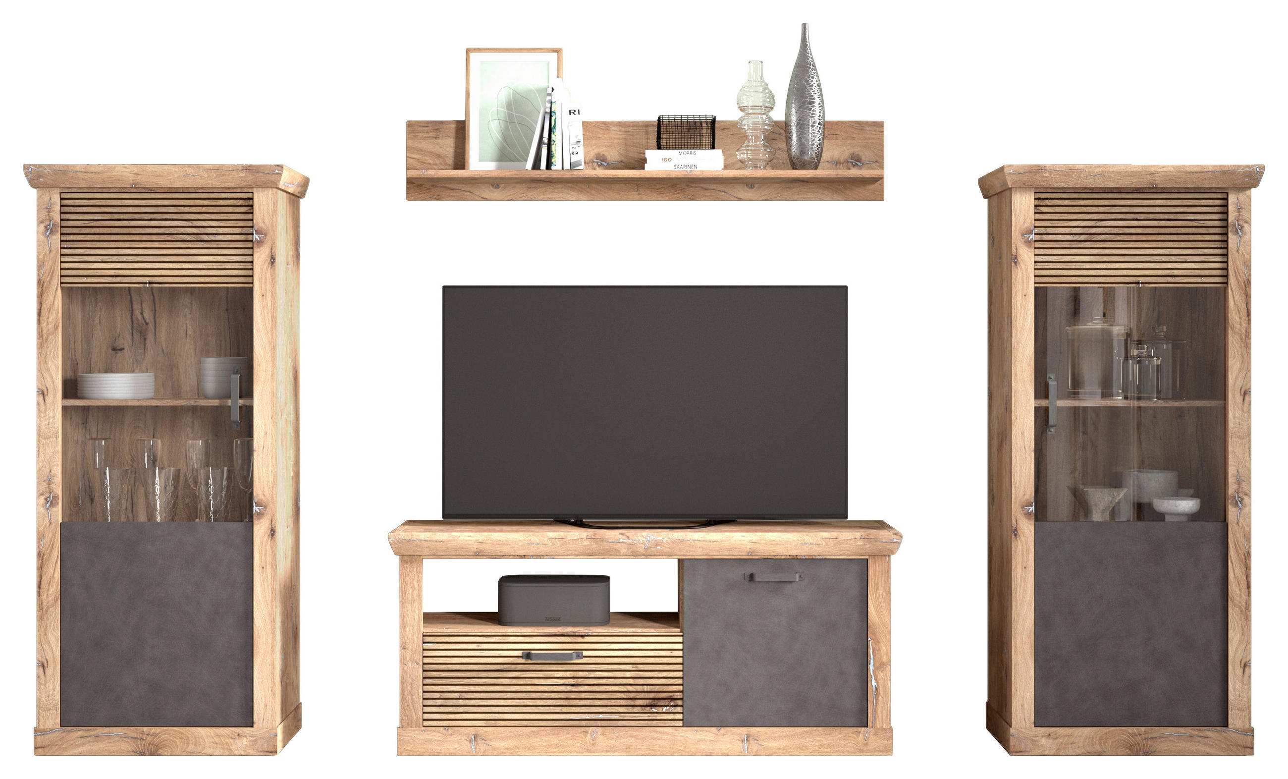 Set Mobilă Living, antracit, culoare lemn stejar, 332/180/40 cm